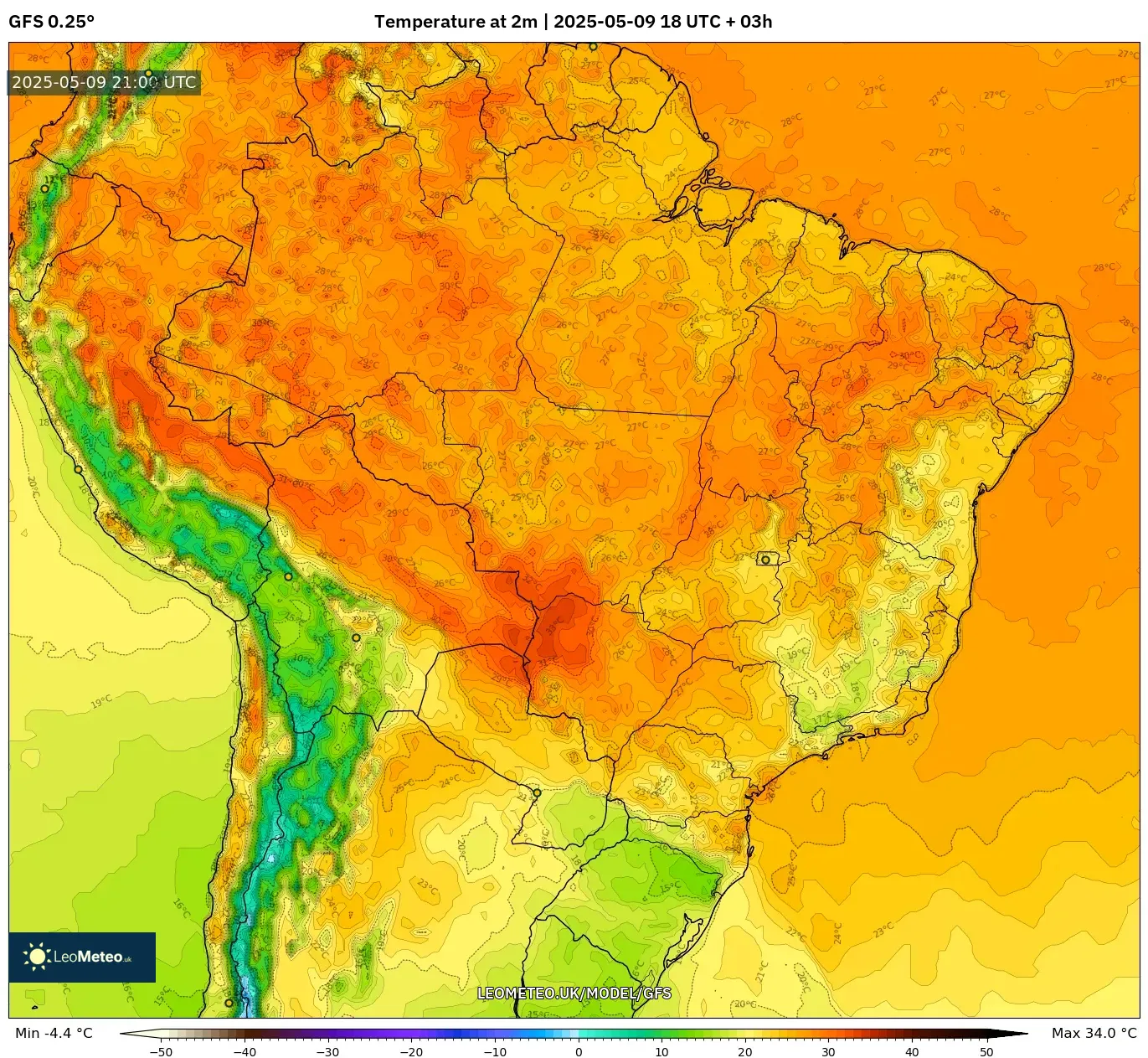 GFS - Brazil, Temperature at 2m GFS - Brazil, Temperature at 2m