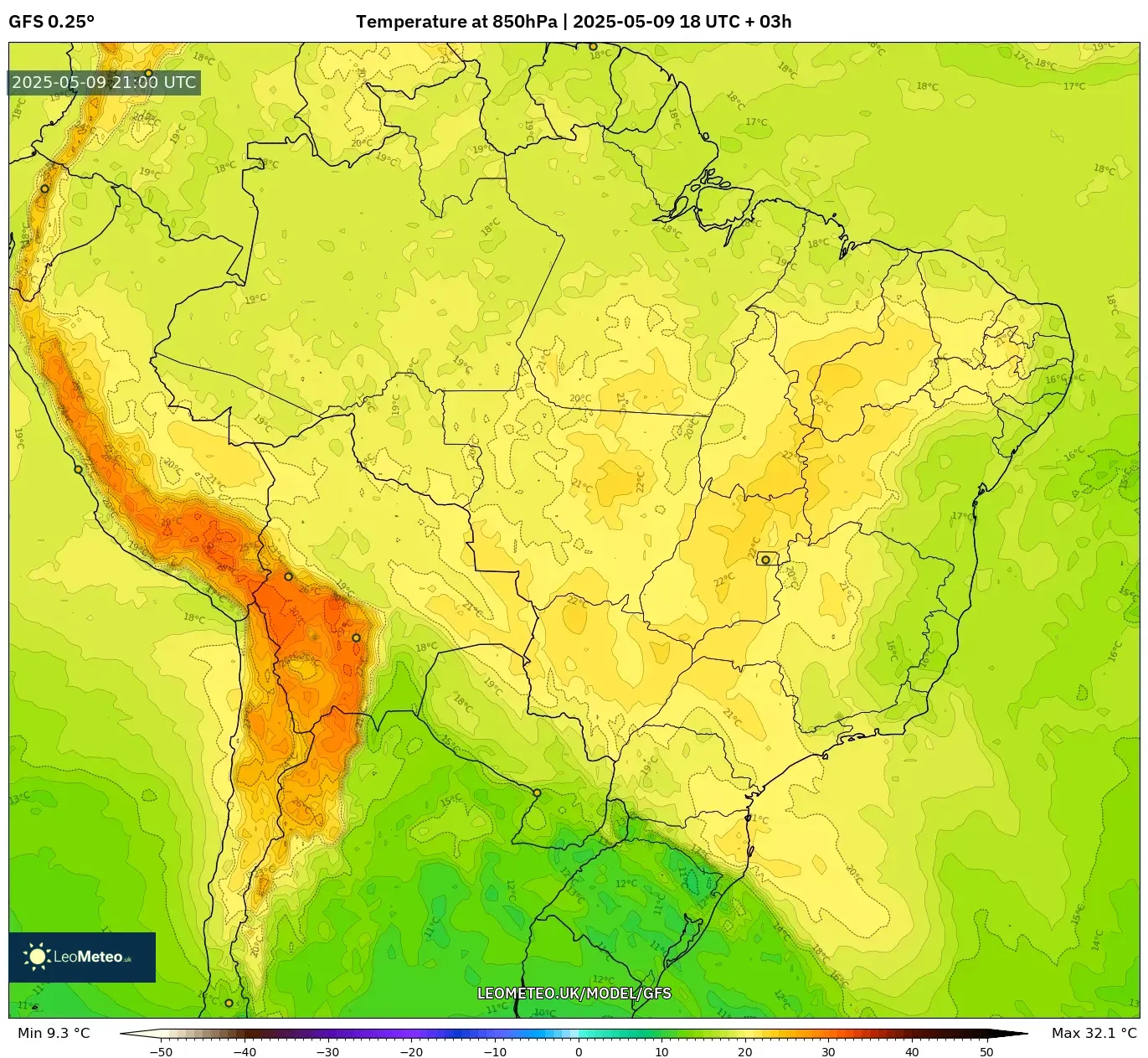 GFS - Brazil, Temperature at 850hPa GFS - Brazil, Temperature at 850hPa