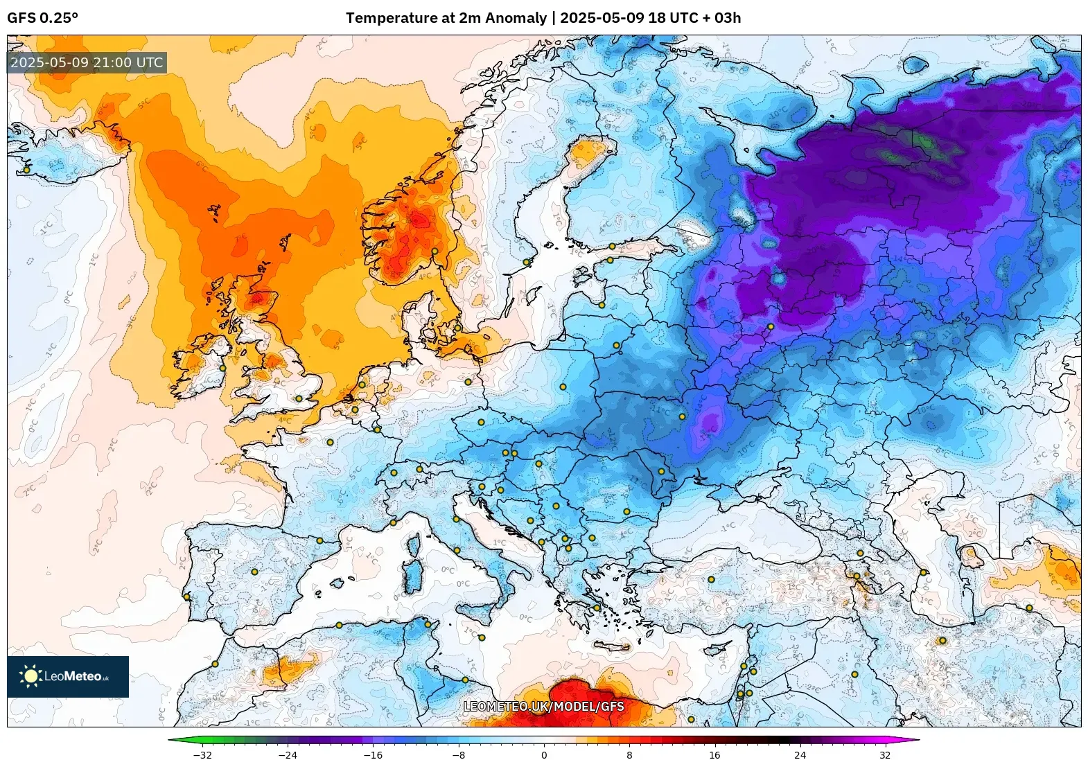 GFS - Europe, Temperature at 2m Anomaly