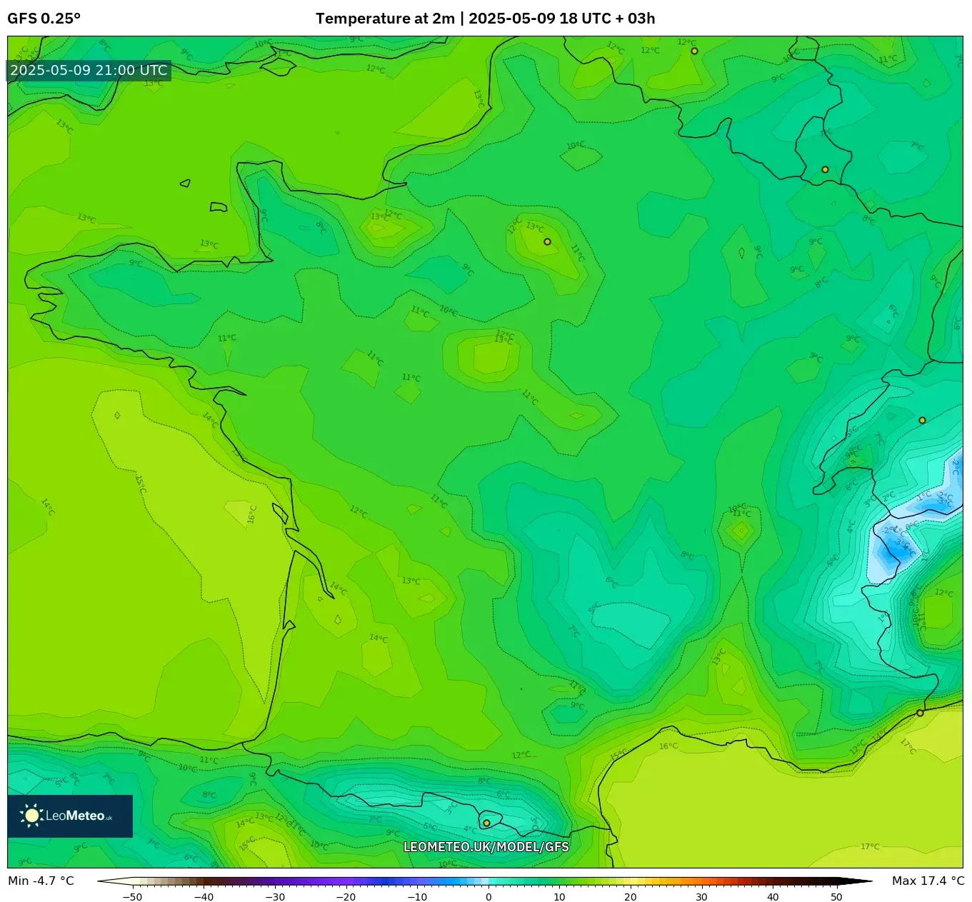 GFS - France, Temperature at 2m GFS - France, Temperature at 2m