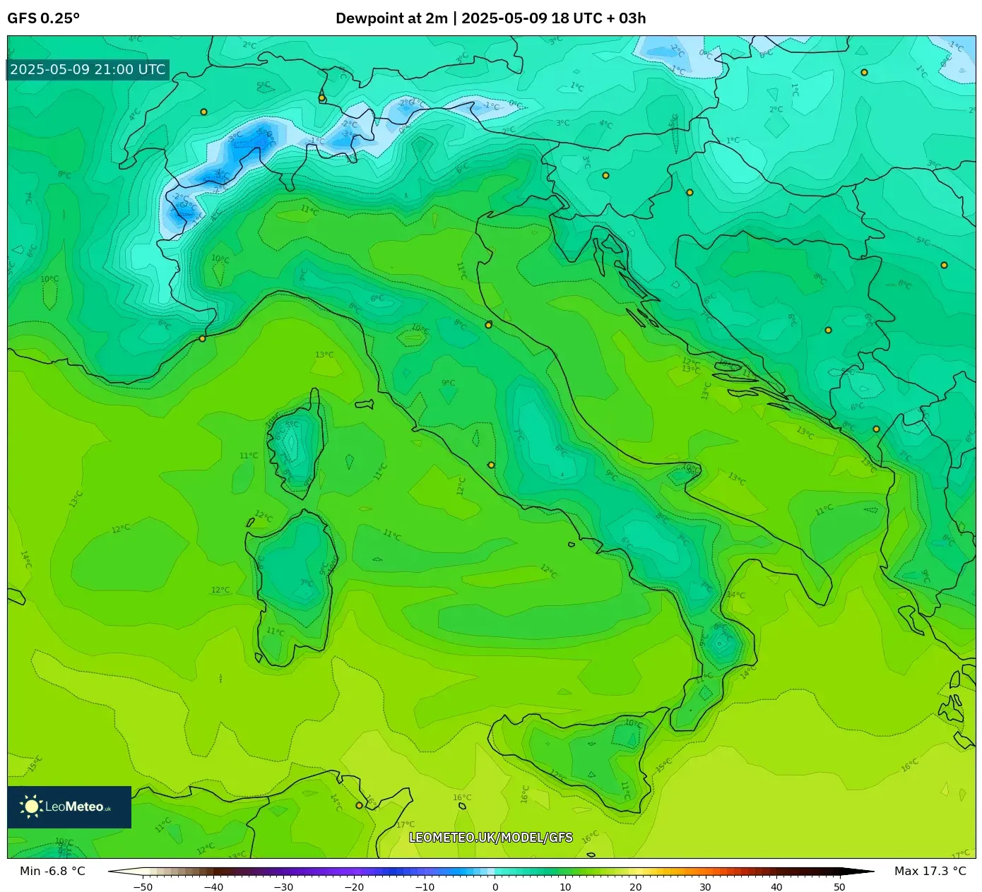 GFS - Italy, Dewpoint at 2m GFS - Italy, Dewpoint at 2m