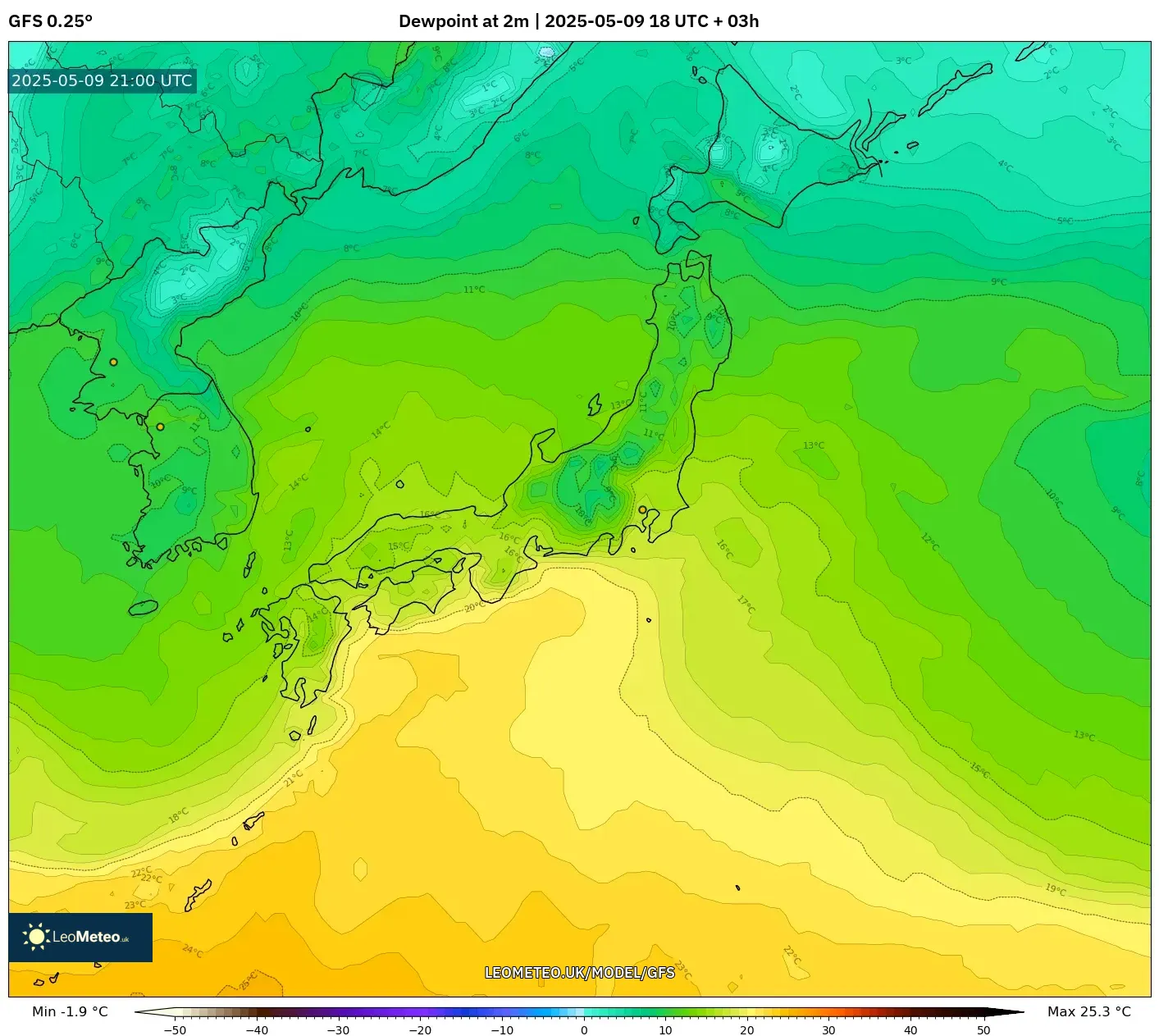 GFS - Japan, Dewpoint at 2m GFS - Japan, Dewpoint at 2m