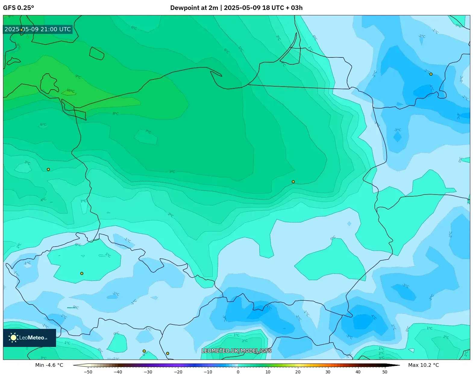 GFS - Poland, Dewpoint at 2m GFS - Poland, Dewpoint at 2m