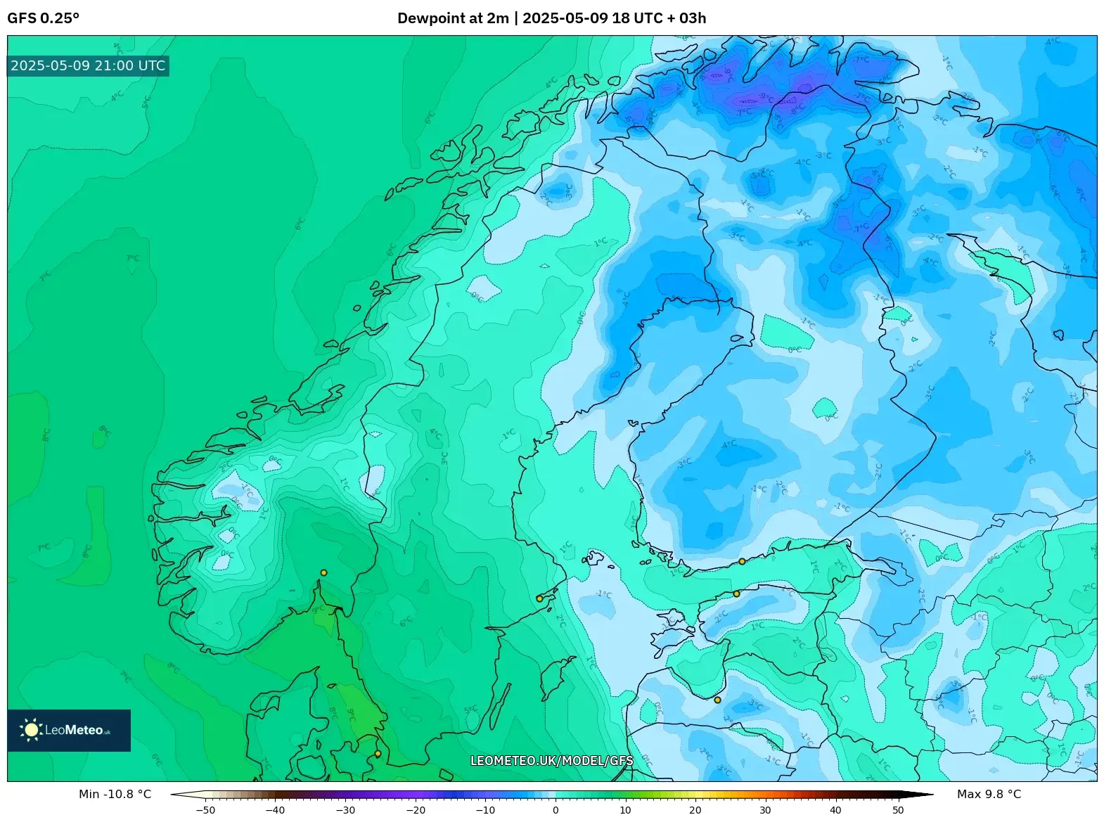 GFS - Scandinavia, Dewpoint at 2m GFS - Scandinavia, Dewpoint at 2m