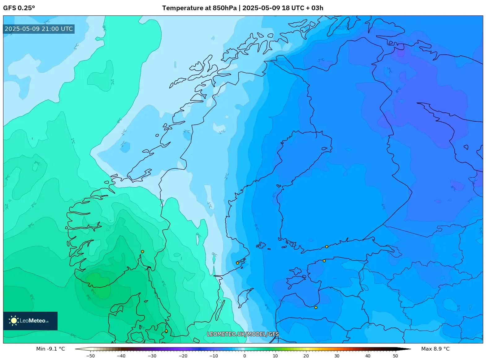 GFS - Scandinavia, Temperature at 850hPa GFS - Scandinavia, Temperature at 850hPa