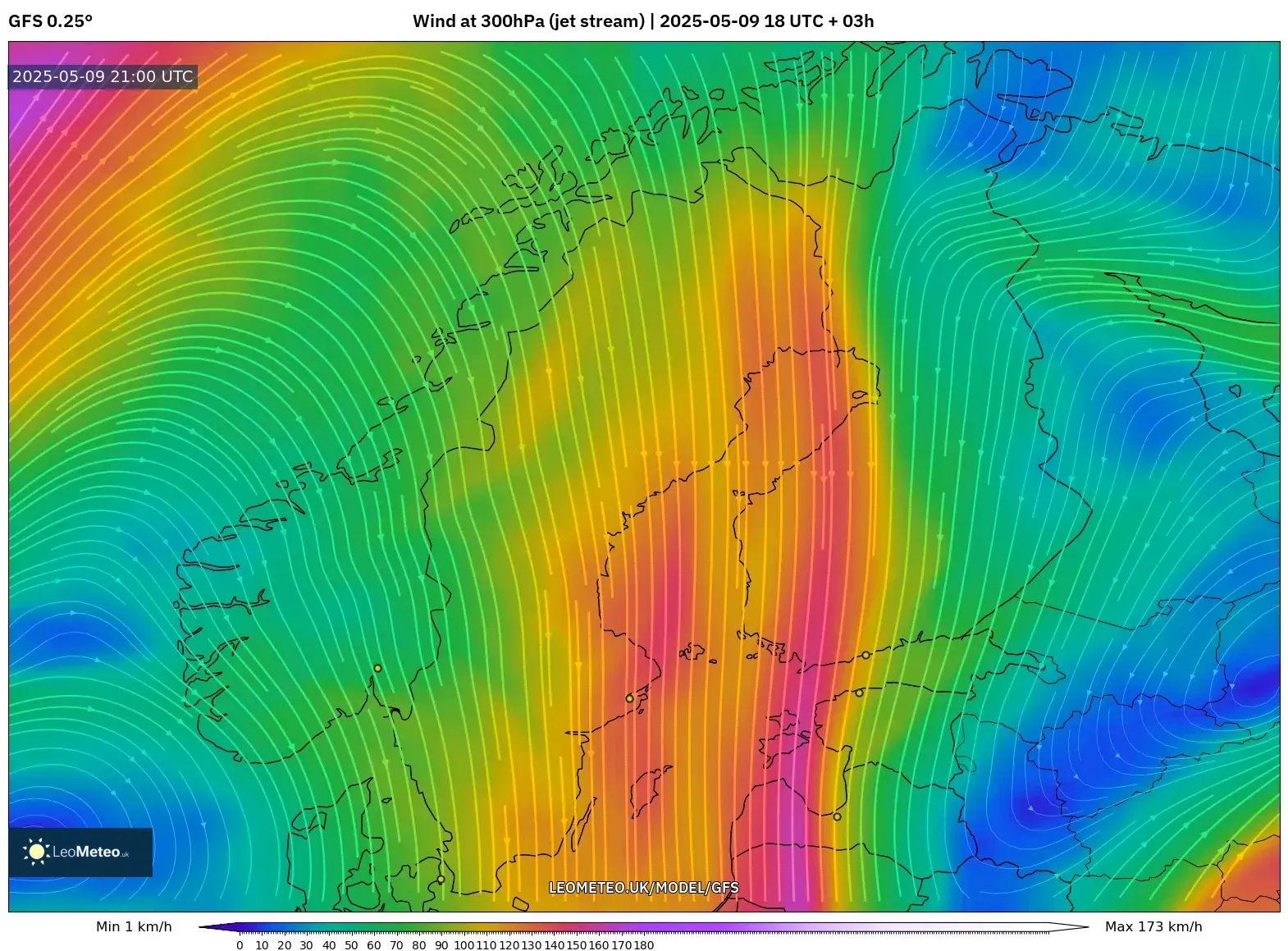GFS - Scandinavia, Wind at 300hPa (jet stream) GFS - Scandinavia, Wind at 300hPa (jet stream)