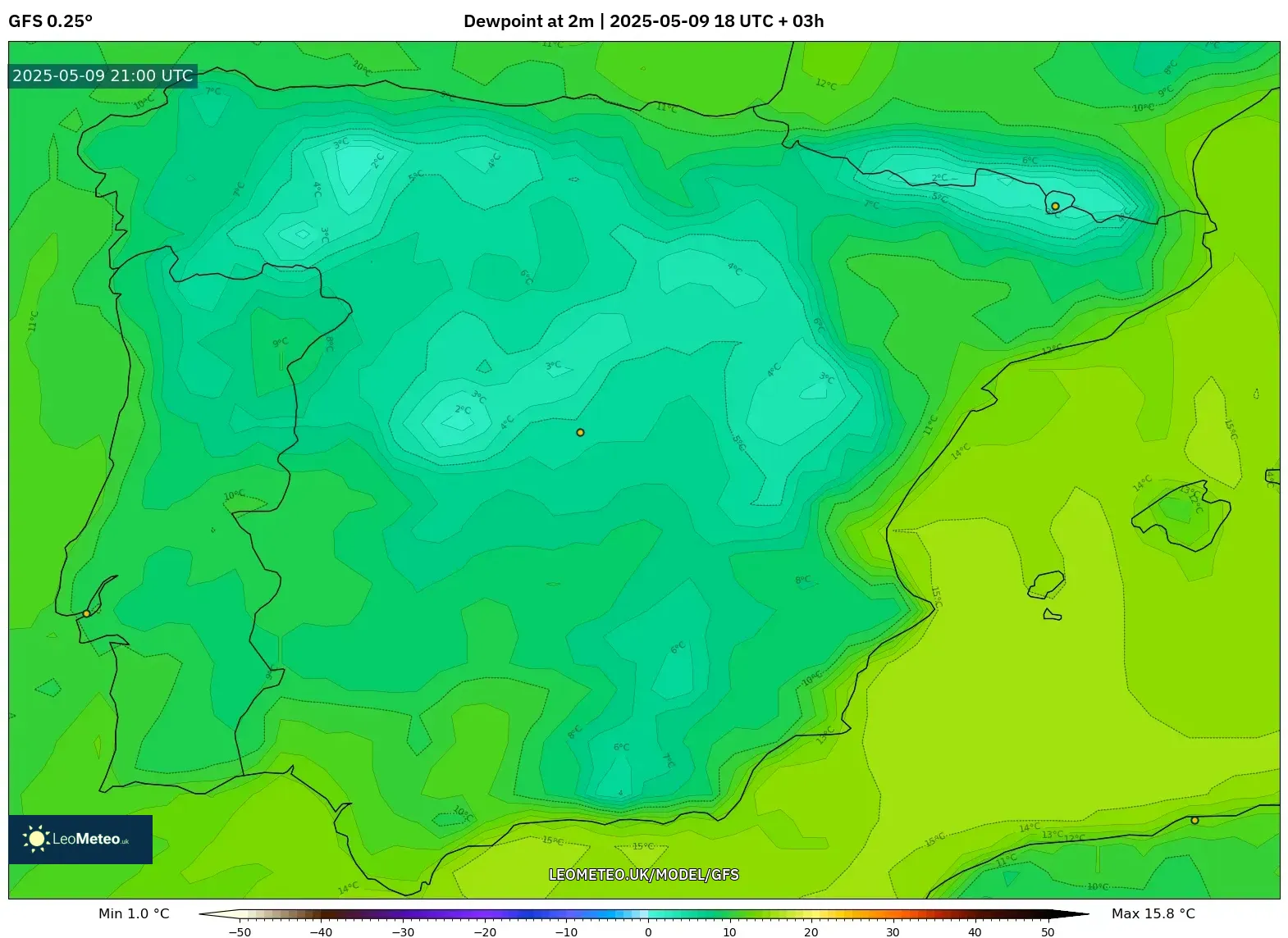GFS - Spain, Dewpoint at 2m GFS - Spain, Dewpoint at 2m