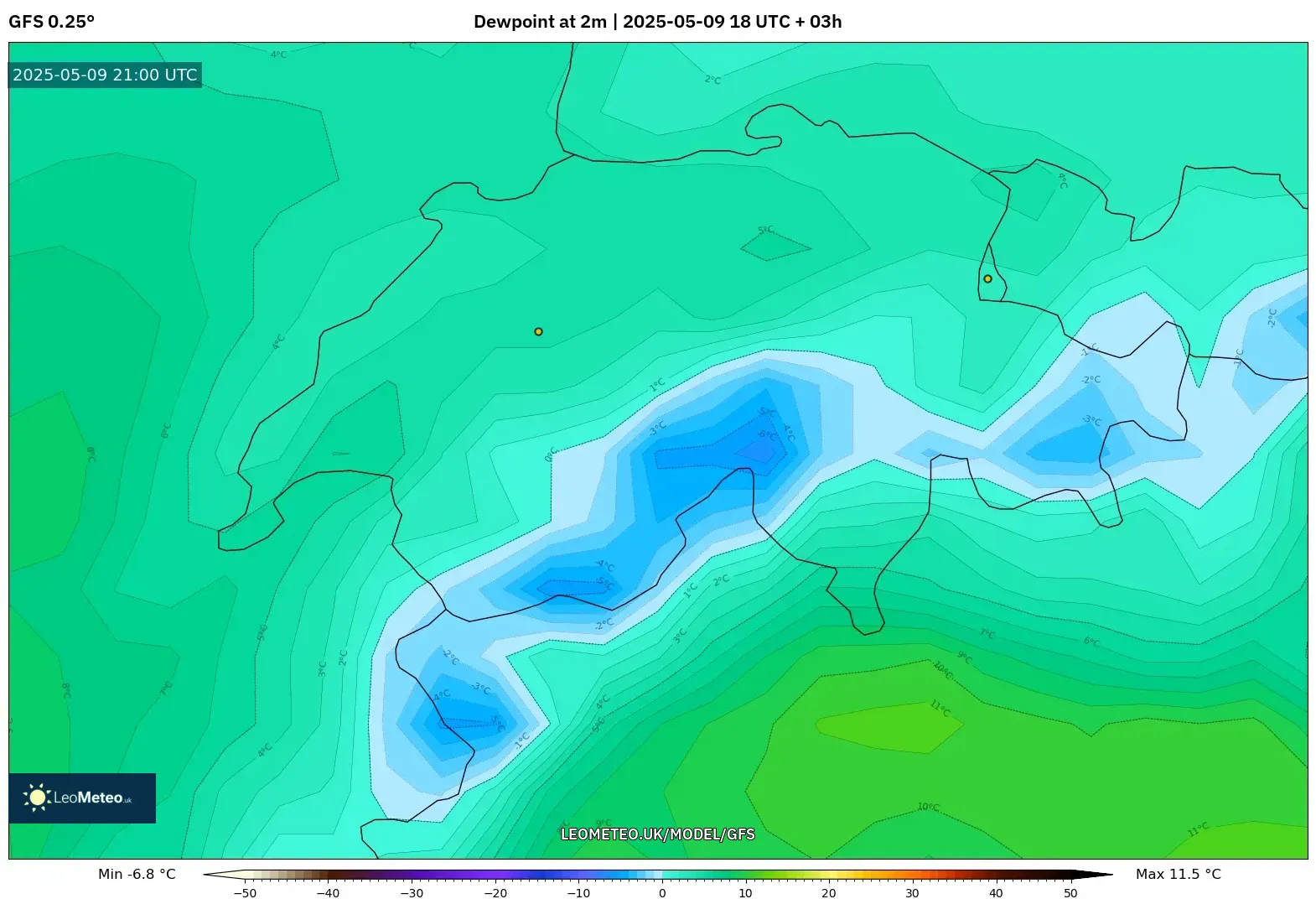 GFS - Switzerland, Dewpoint at 2m GFS - Switzerland, Dewpoint at 2m