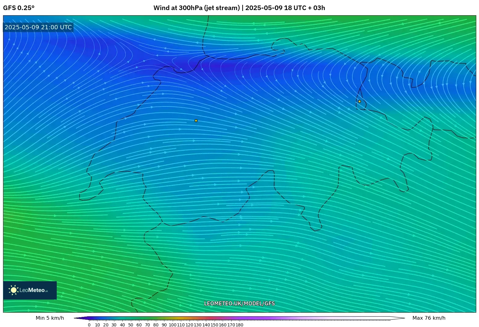 GFS - Switzerland, Wind at 300hPa (jet stream) GFS - Switzerland, Wind at 300hPa (jet stream)