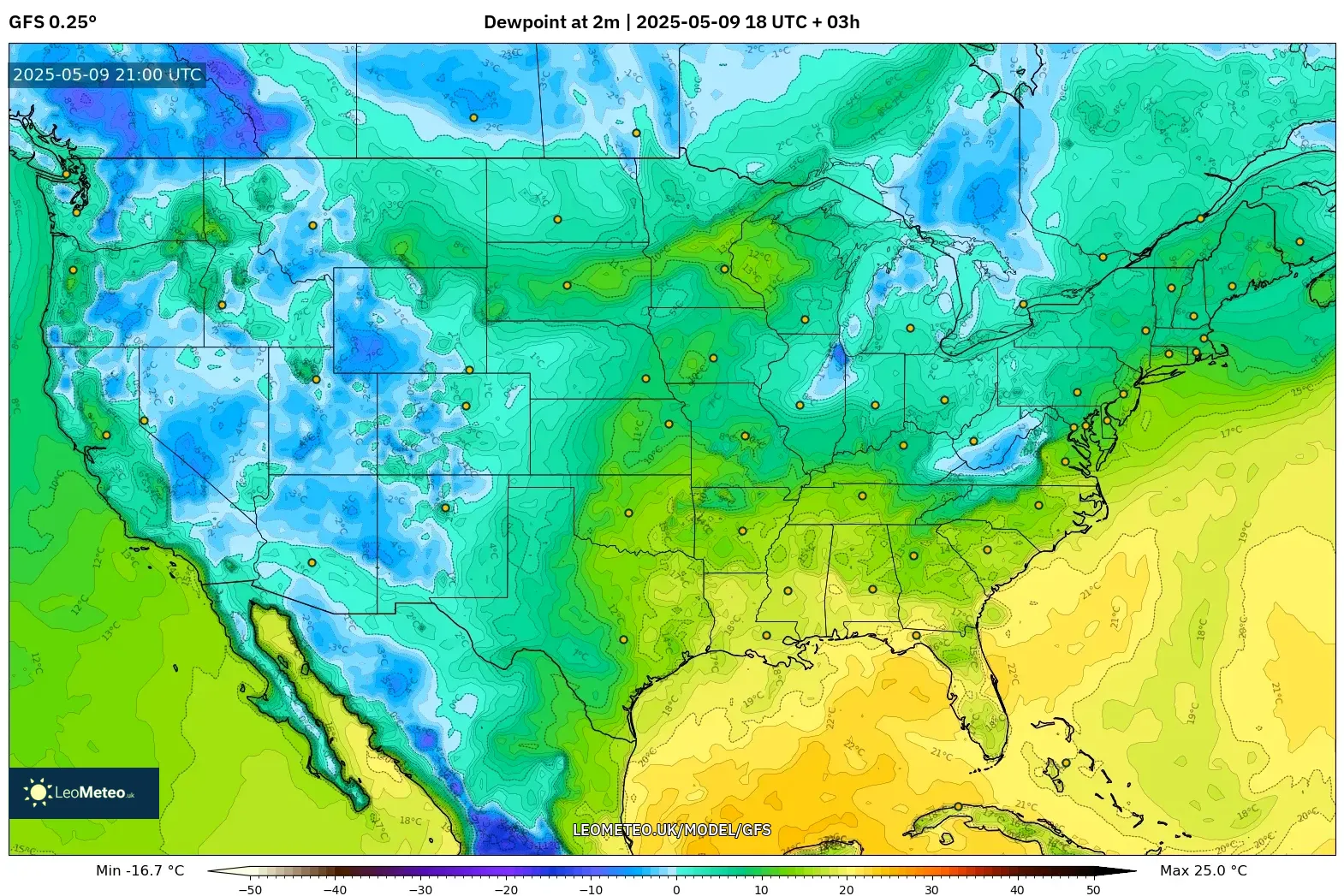 GFS - United States, Dewpoint at 2m GFS - United States, Dewpoint at 2m