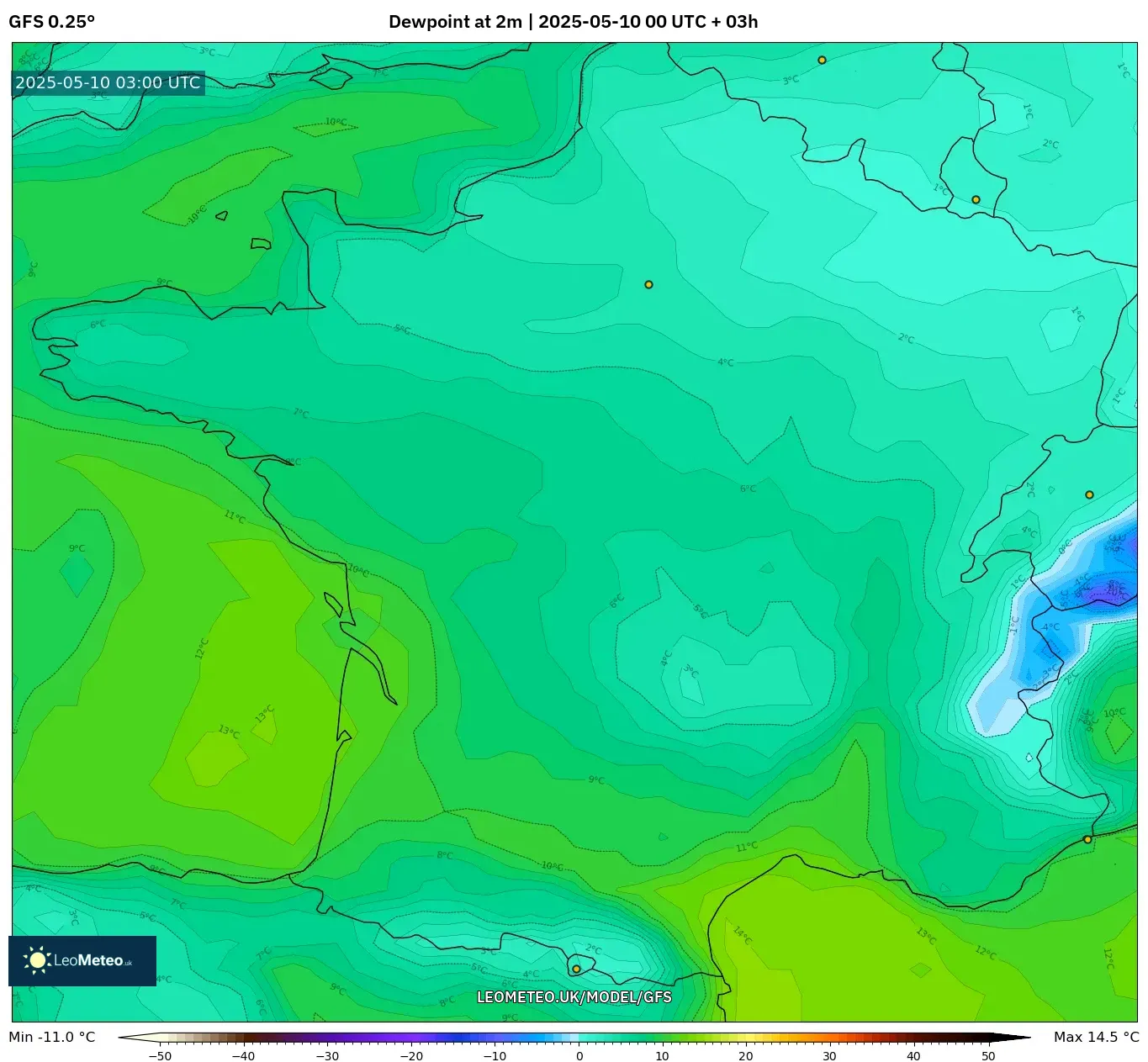 GFS - France, Dewpoint at 2m GFS - France, Dewpoint at 2m