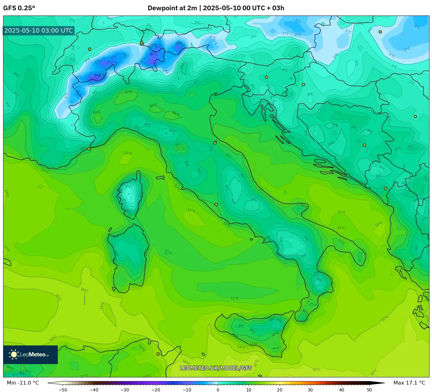 GFS - Italy, Dewpoint at 2m GFS - Italy, Dewpoint at 2m