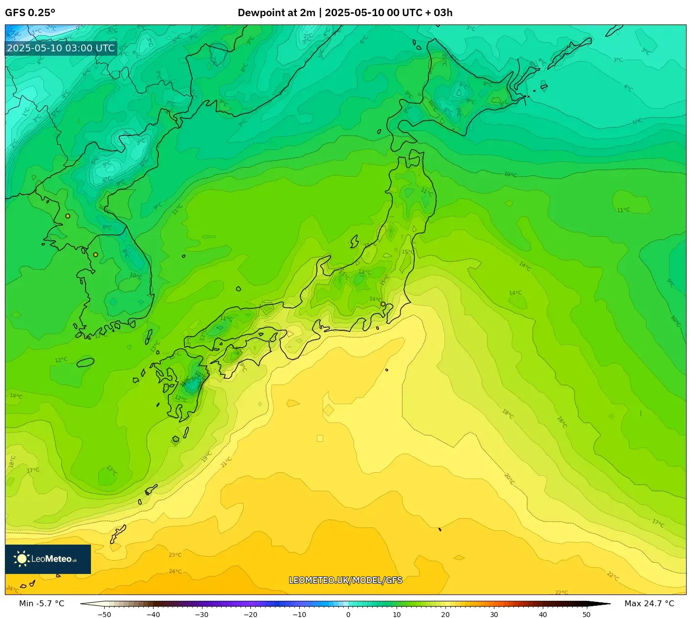 GFS - Japan, Dewpoint at 2m GFS - Japan, Dewpoint at 2m
