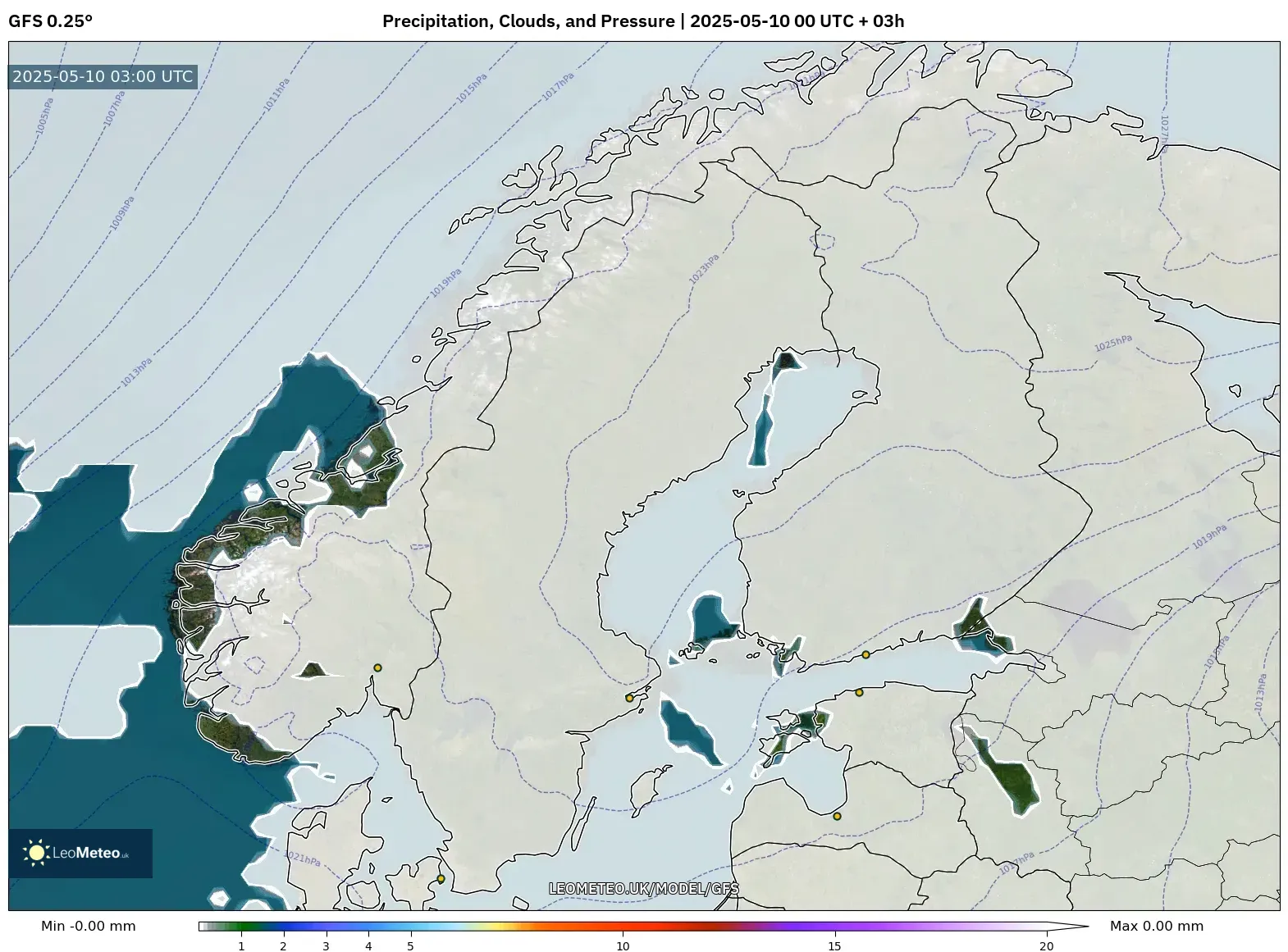 GFS - Scandinavia, Precipitation, Clouds, and Pressure GFS - Scandinavia, Precipitation, Clouds, and Pressure