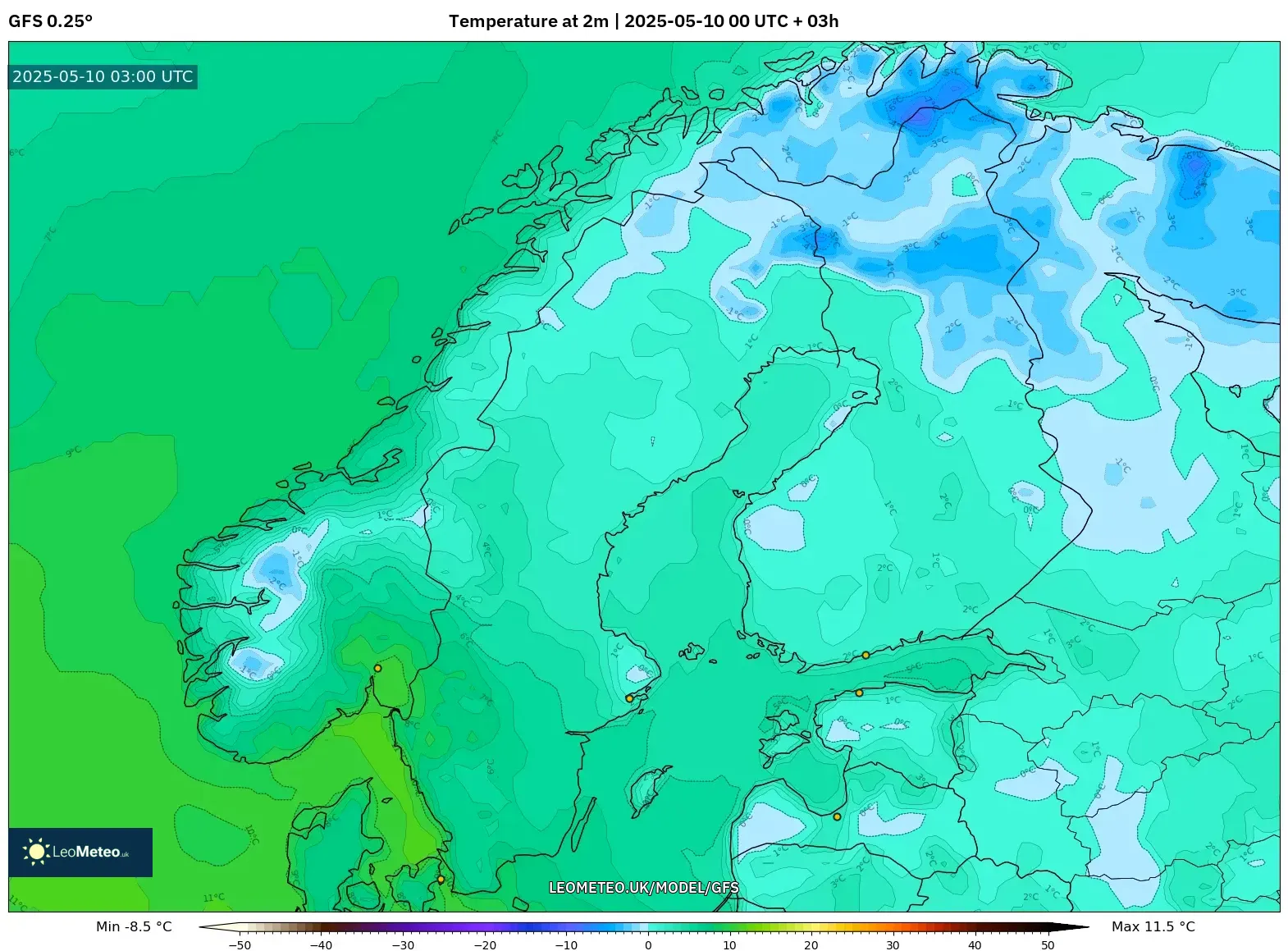 GFS - Scandinavia, Temperature at 2m GFS - Scandinavia, Temperature at 2m