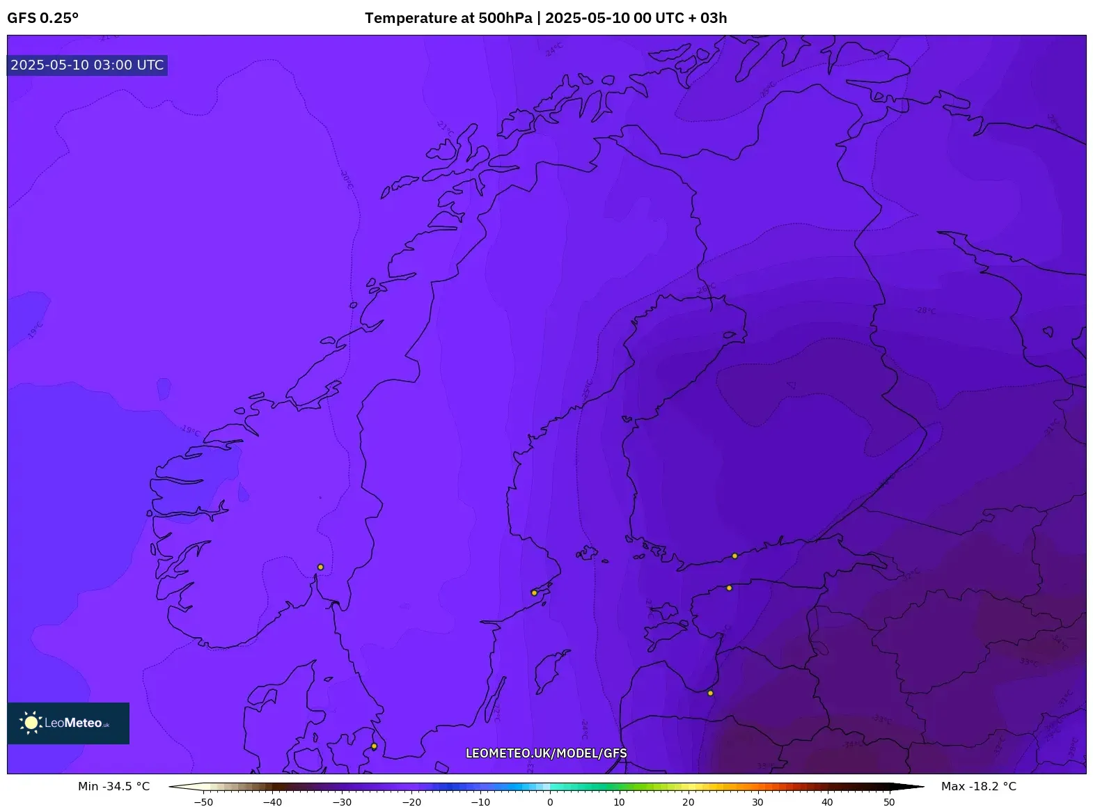 GFS - Scandinavia, Temperature at 500hPa GFS - Scandinavia, Temperature at 500hPa