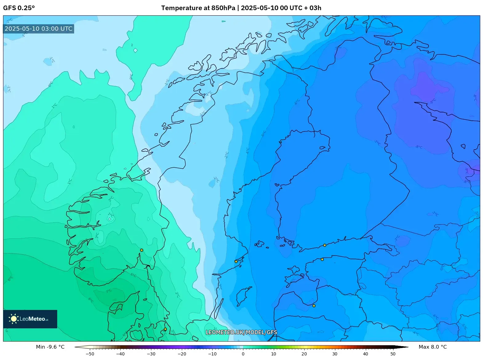 GFS - Scandinavia, Temperature at 850hPa GFS - Scandinavia, Temperature at 850hPa