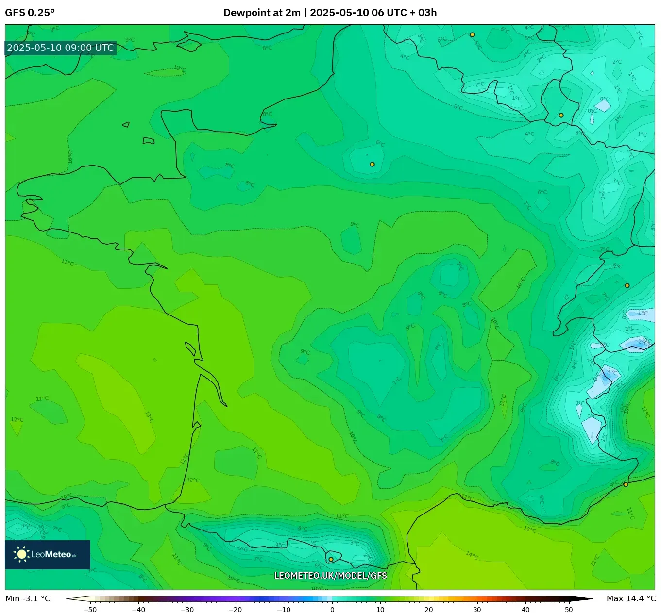 GFS - France, Dewpoint at 2m GFS - France, Dewpoint at 2m