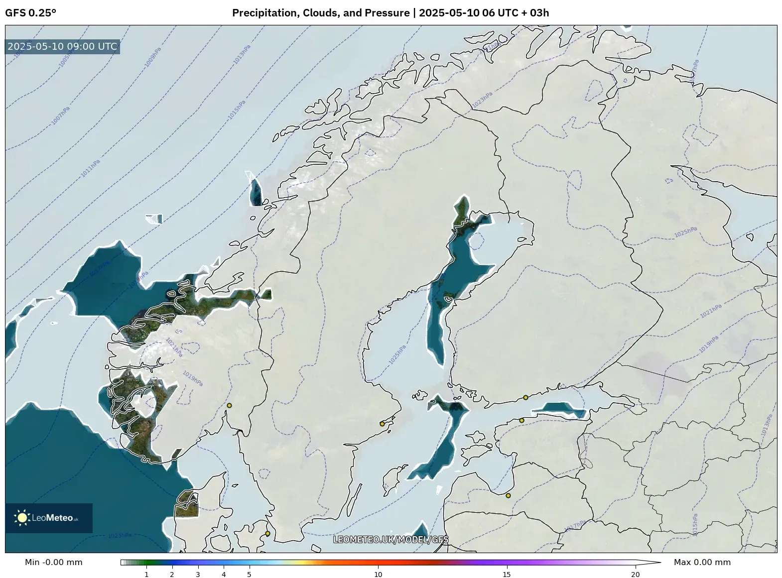 GFS - Scandinavia, Precipitation, Clouds, and Pressure GFS - Scandinavia, Precipitation, Clouds, and Pressure