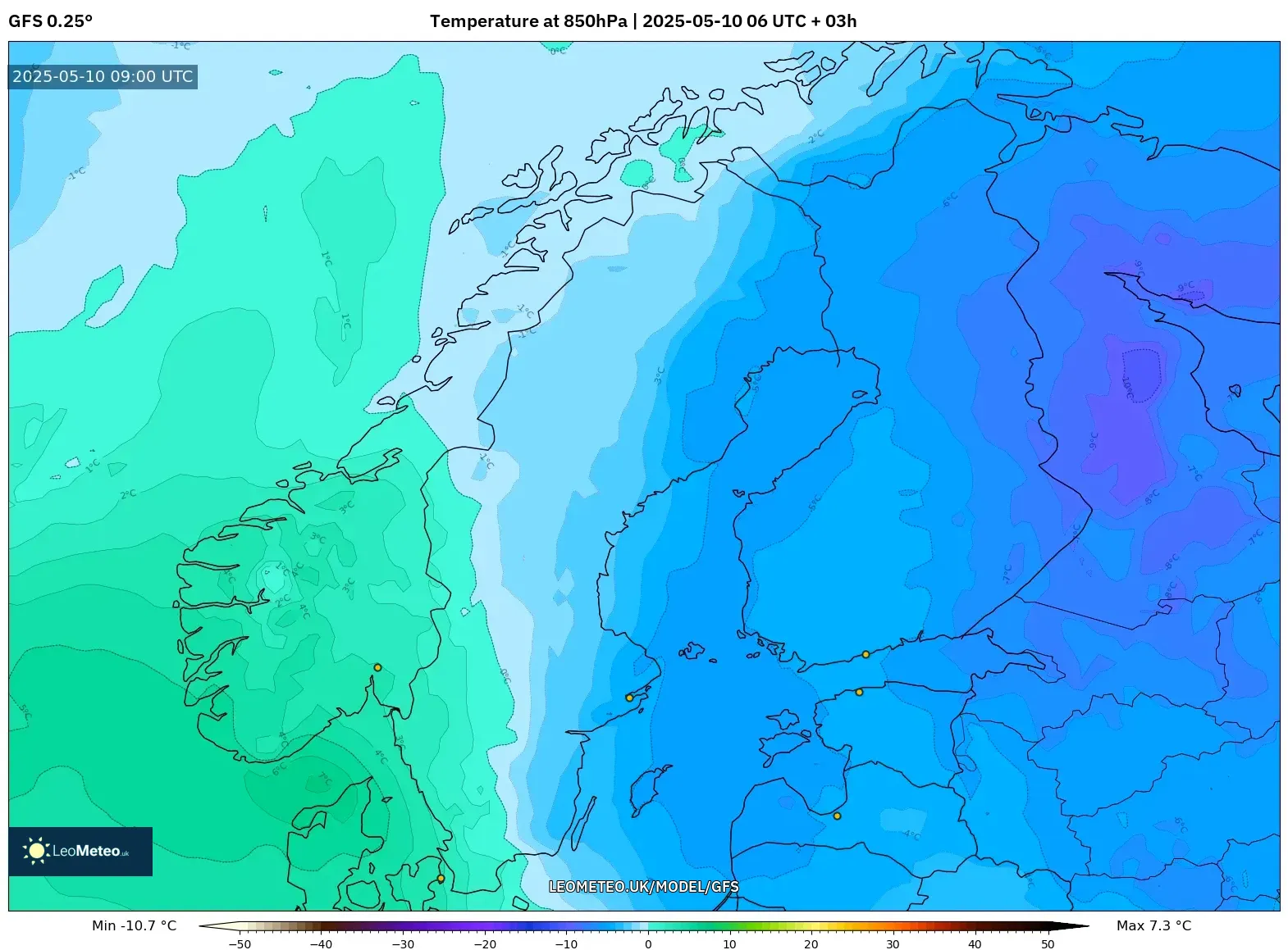 GFS - Scandinavia, Temperature at 850hPa GFS - Scandinavia, Temperature at 850hPa