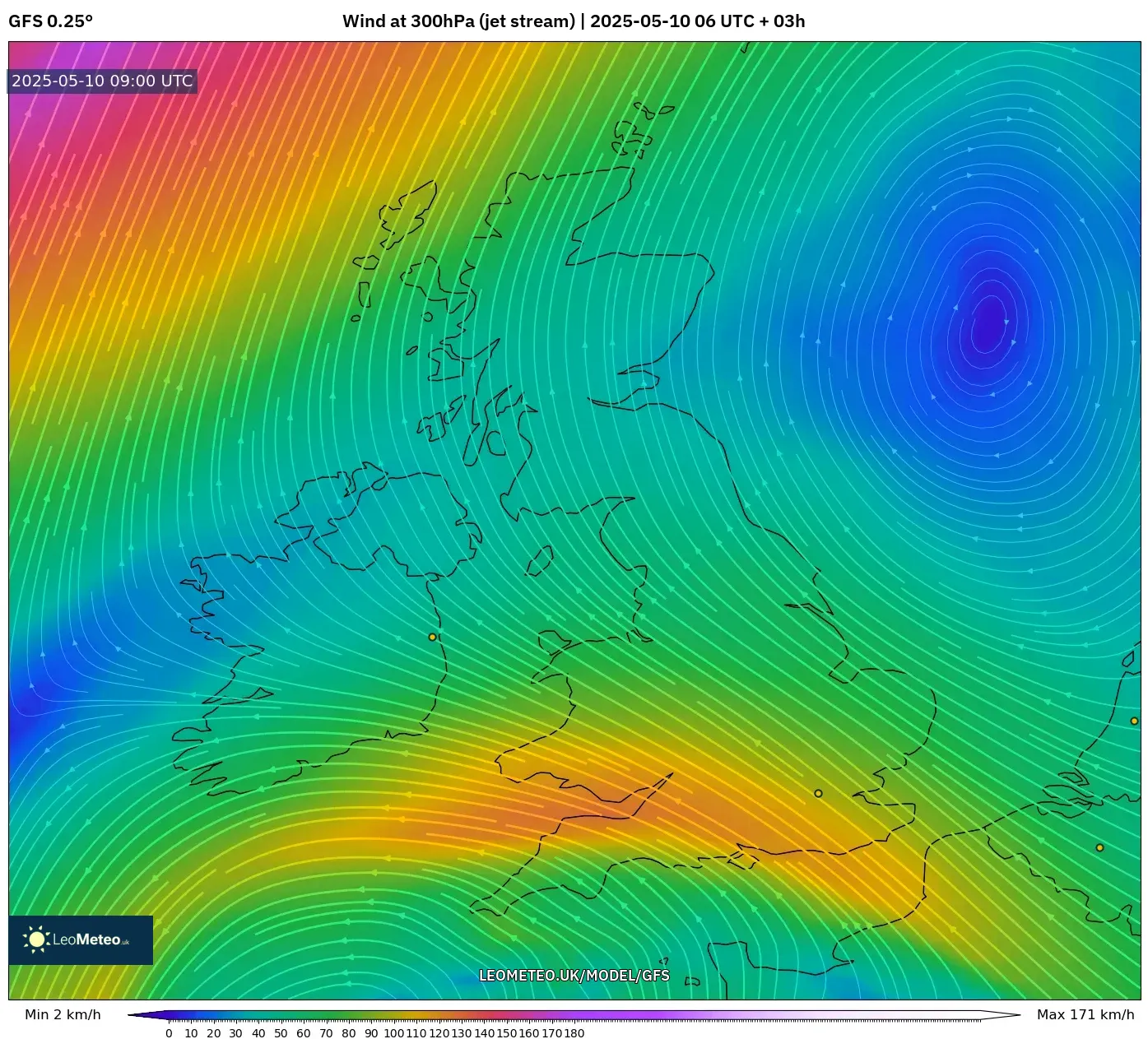GFS - United Kingdom, Wind at 300hPa (jet stream) GFS - United Kingdom, Wind at 300hPa (jet stream)