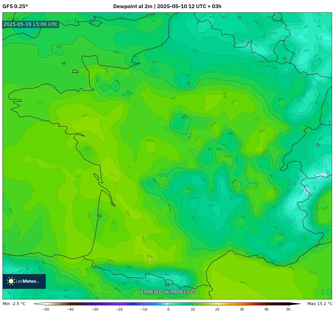 GFS - France, Dewpoint at 2m GFS - France, Dewpoint at 2m