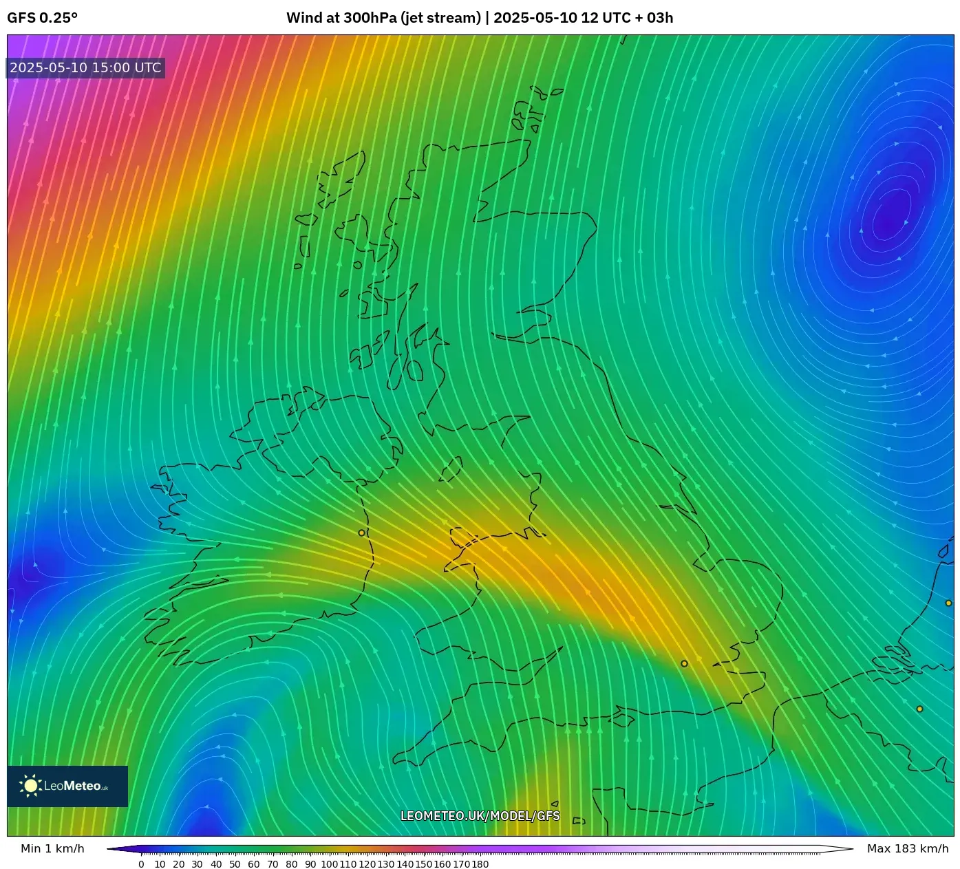 GFS - United Kingdom, Wind at 300hPa (jet stream) GFS - United Kingdom, Wind at 300hPa (jet stream)