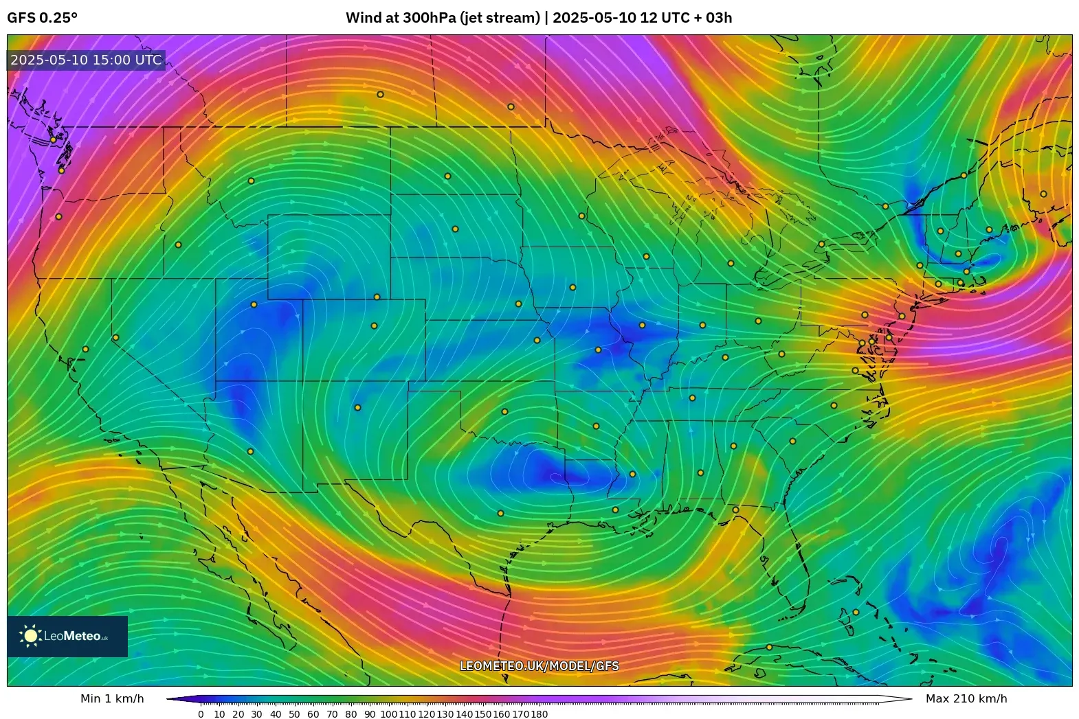 GFS - United States, Wind at 300hPa (jet stream) GFS - United States, Wind at 300hPa (jet stream)