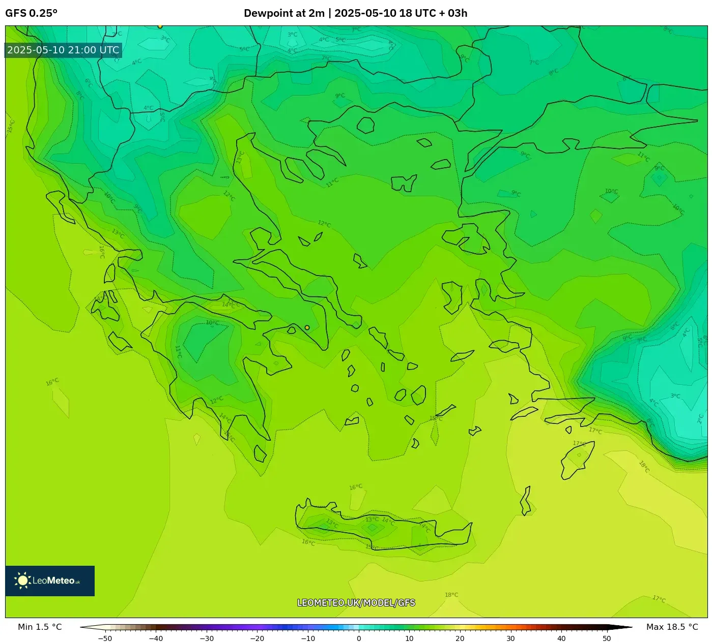 GFS - Greece, Dewpoint at 2m GFS - Greece, Dewpoint at 2m
