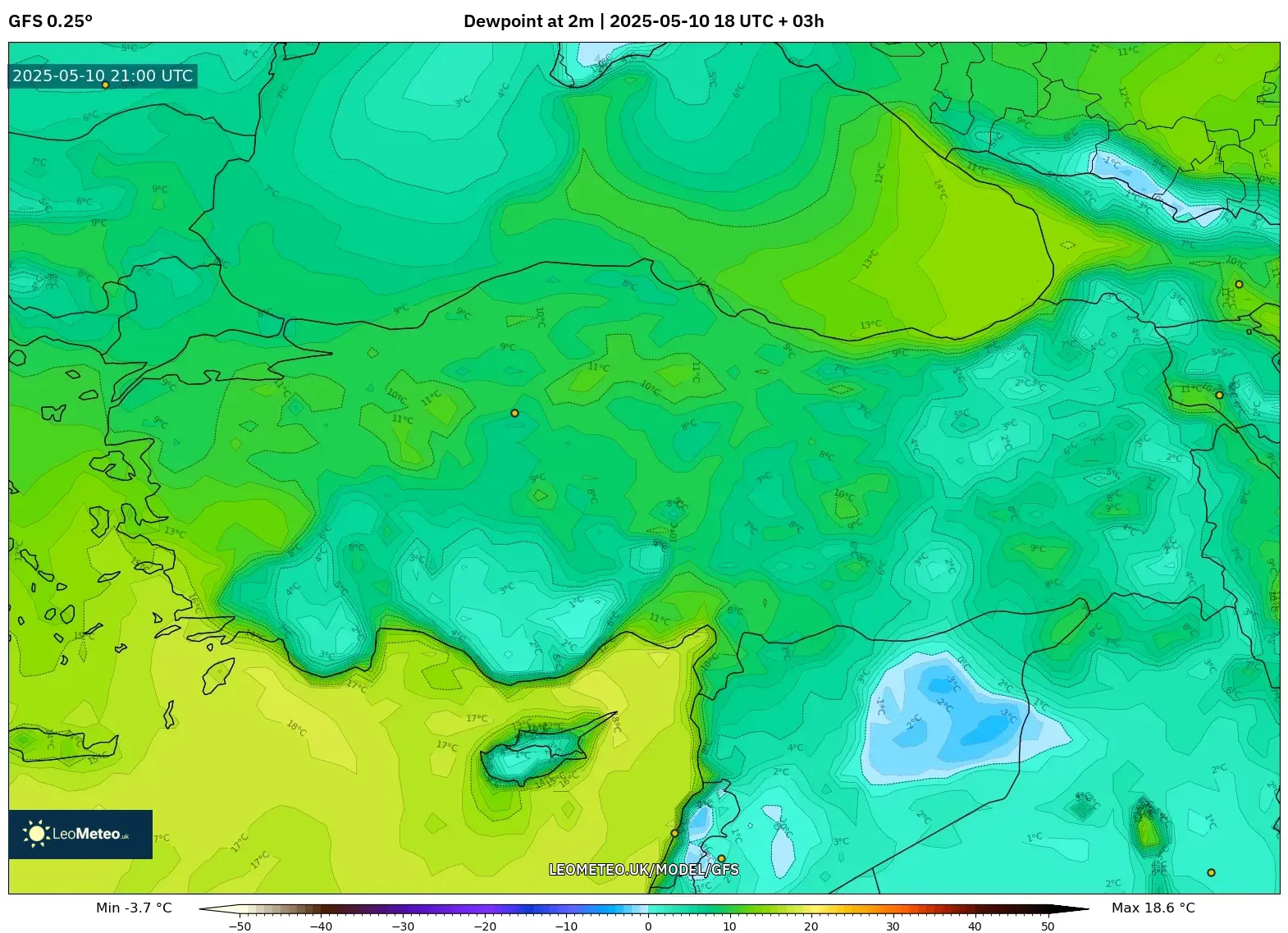 GFS - Turkey, Dewpoint at 2m GFS - Turkey, Dewpoint at 2m