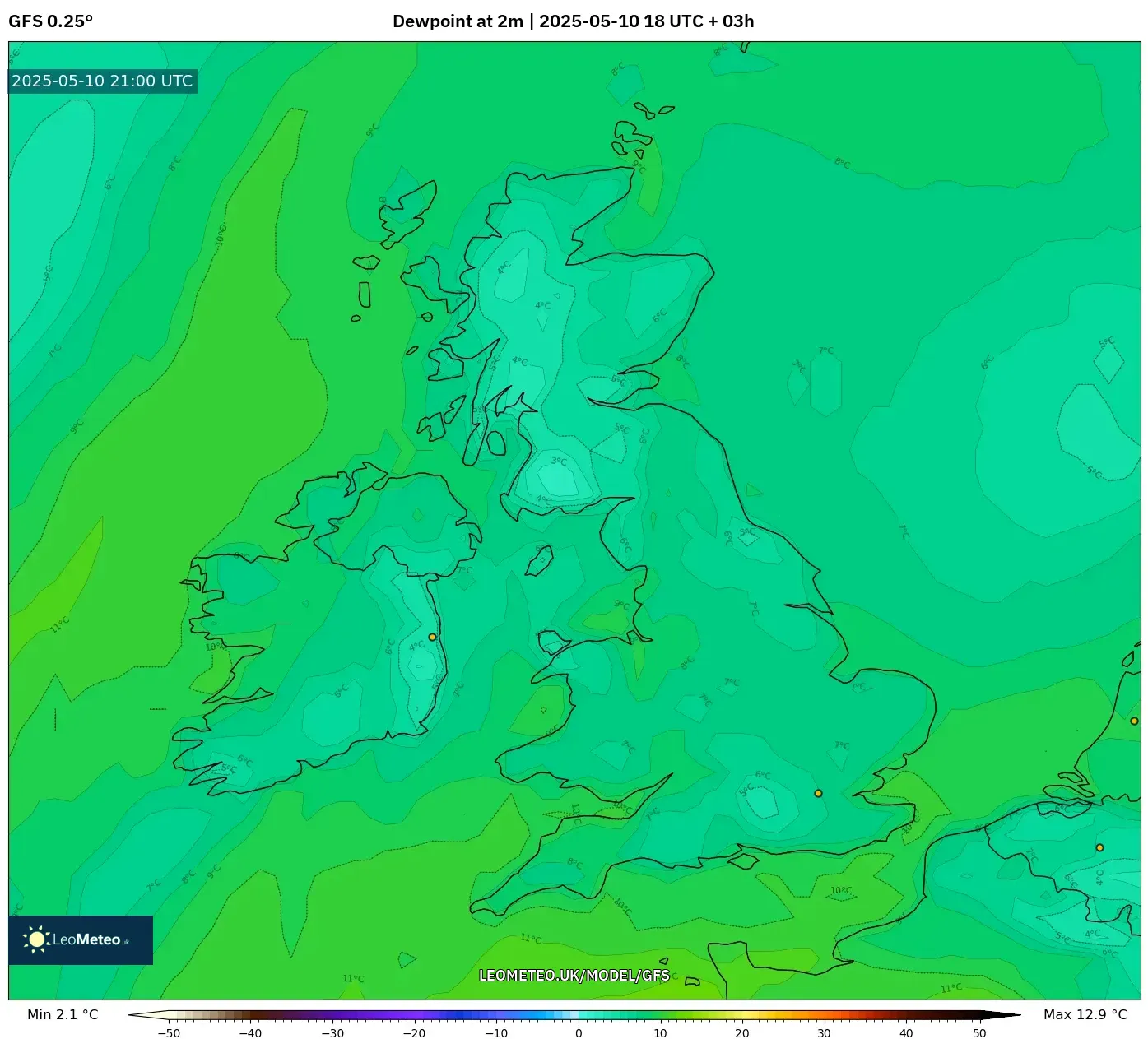 GFS - United Kingdom, Dewpoint at 2m GFS - United Kingdom, Dewpoint at 2m