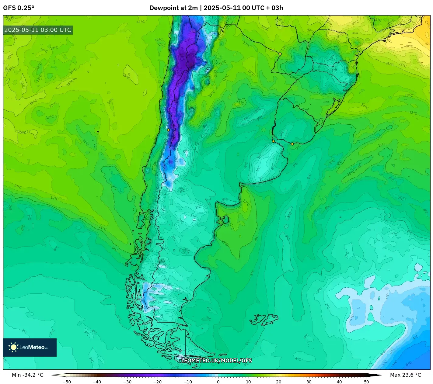 GFS - Argentina, Dewpoint at 2m GFS - Argentina, Dewpoint at 2m