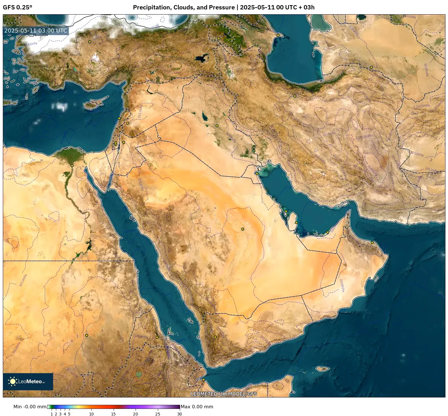 GFS - Middle East, Precipitation, Clouds, and Pressure GFS - Middle East, Precipitation, Clouds, and Pressure