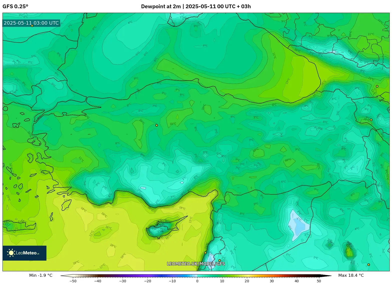 GFS - Turkey, Dewpoint at 2m GFS - Turkey, Dewpoint at 2m