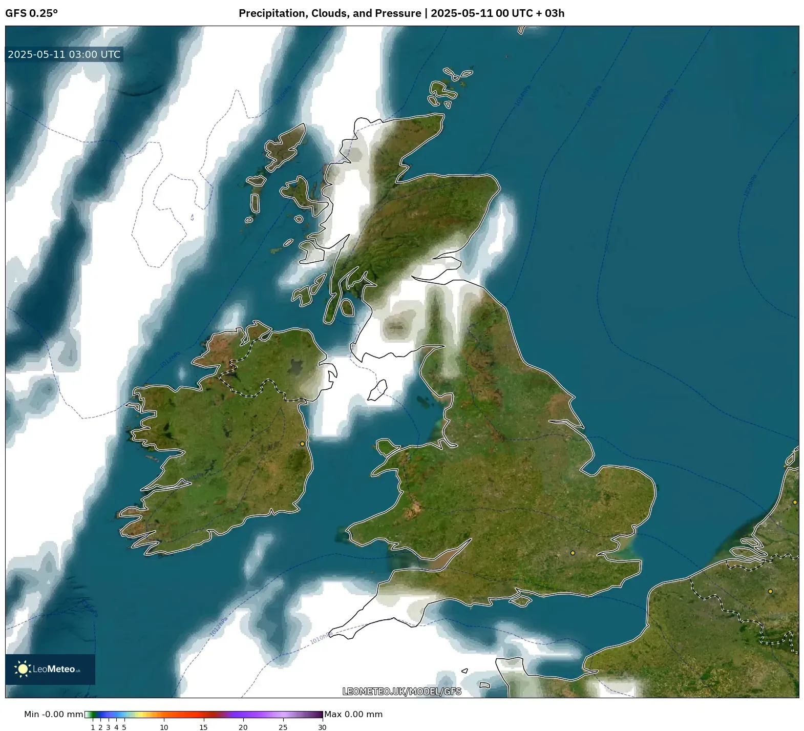 GFS - United Kingdom, Precipitation, Clouds, and Pressure GFS - United Kingdom, Precipitation, Clouds, and Pressure