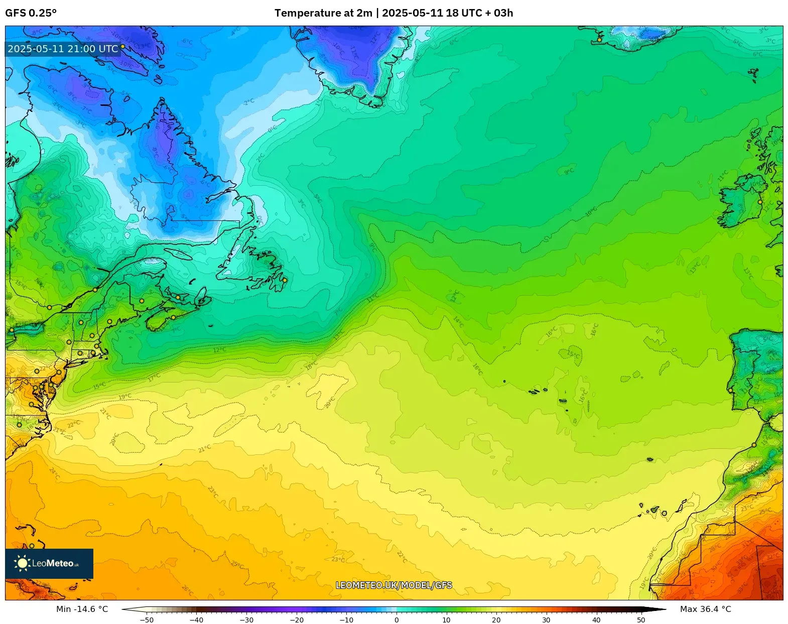GFS - North Atlantic, Temperature at 2m GFS - North Atlantic, Temperature at 2m