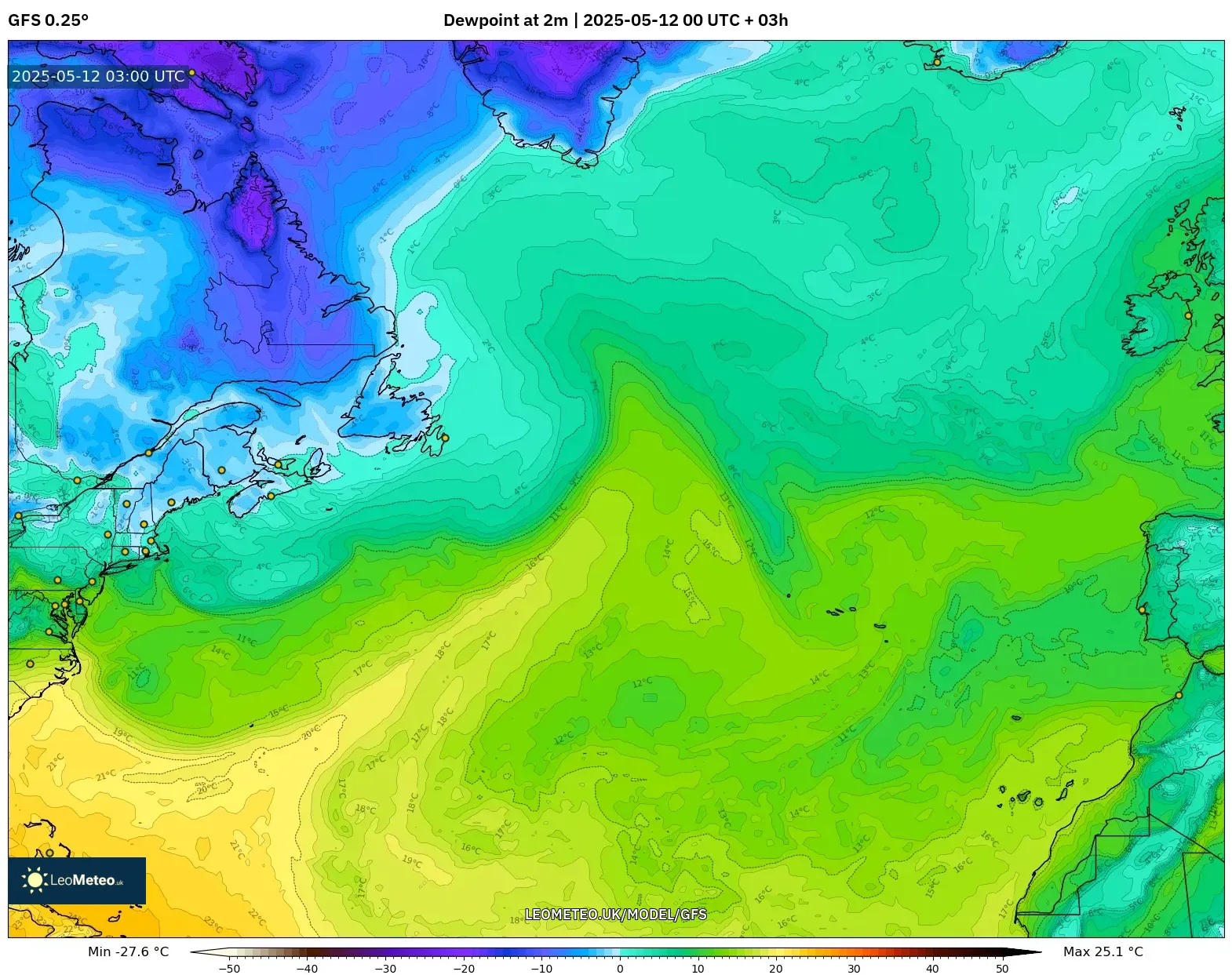 GFS - North Atlantic, Dewpoint at 2m GFS - North Atlantic, Dewpoint at 2m