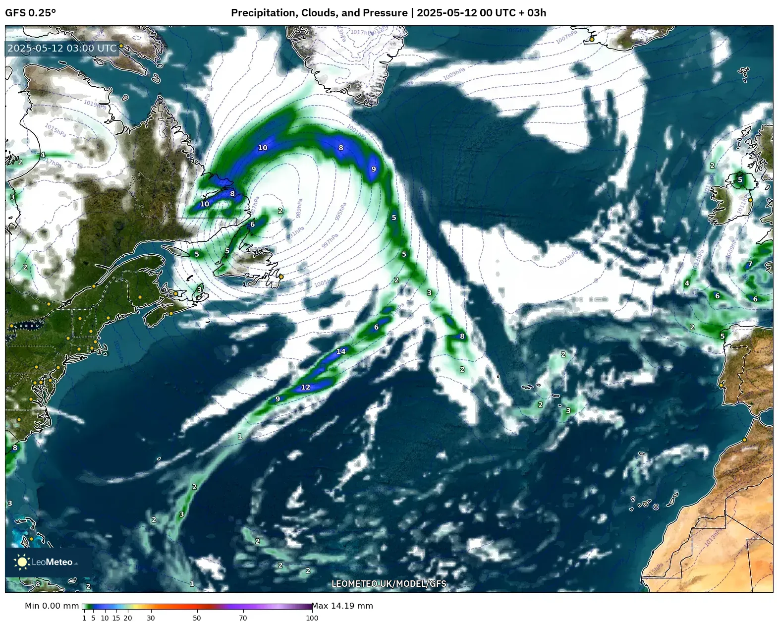 GFS - North Atlantic, Precipitation, Clouds, and Pressure GFS - North Atlantic, Precipitation, Clouds, and Pressure
