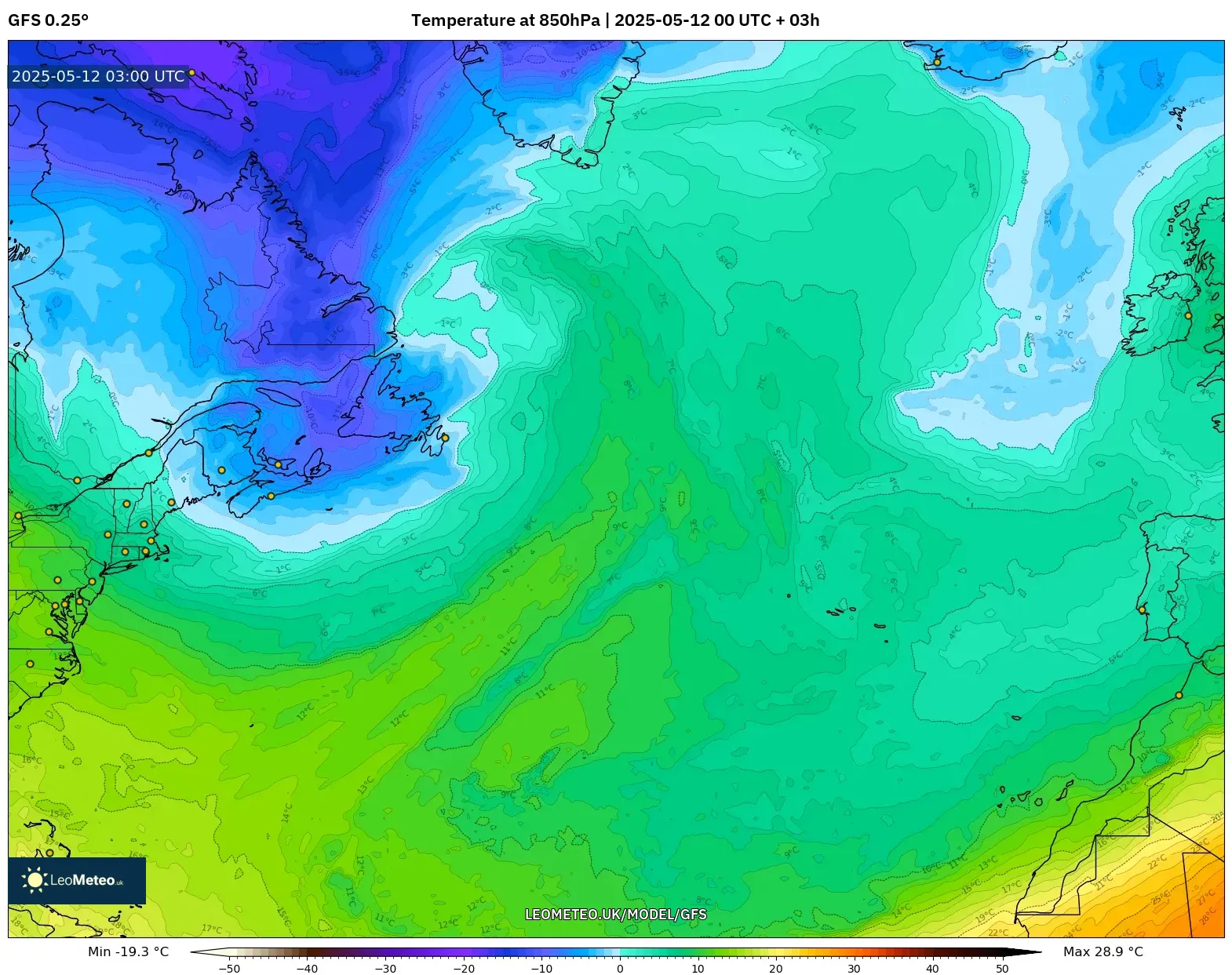 GFS - North Atlantic, Temperature at 850hPa GFS - North Atlantic, Temperature at 850hPa