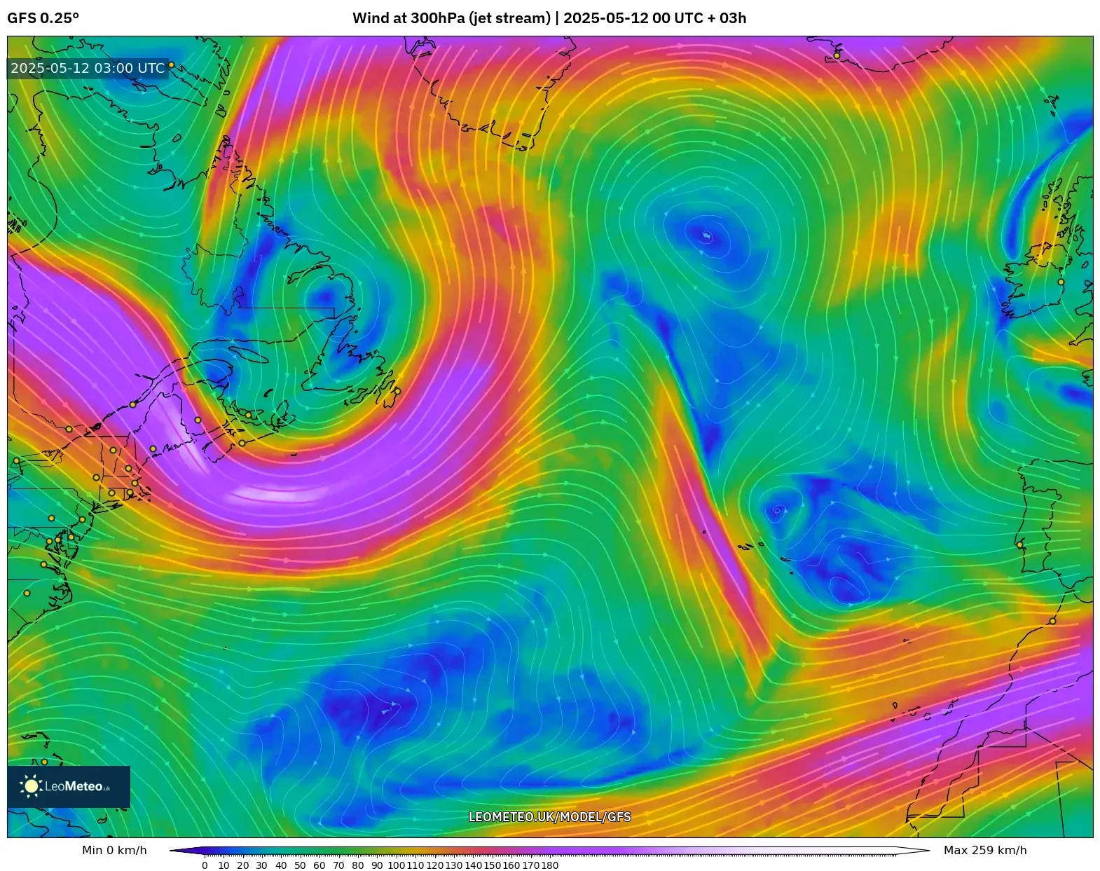 GFS - North Atlantic, Wind at 300hPa (jet stream) GFS - North Atlantic, Wind at 300hPa (jet stream)