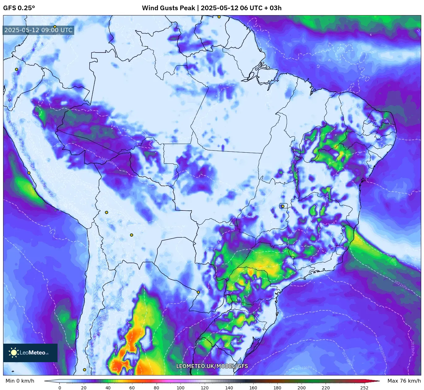 GFS - Brazil, Wind Gusts Peak GFS - Brazil, Wind Gusts Peak