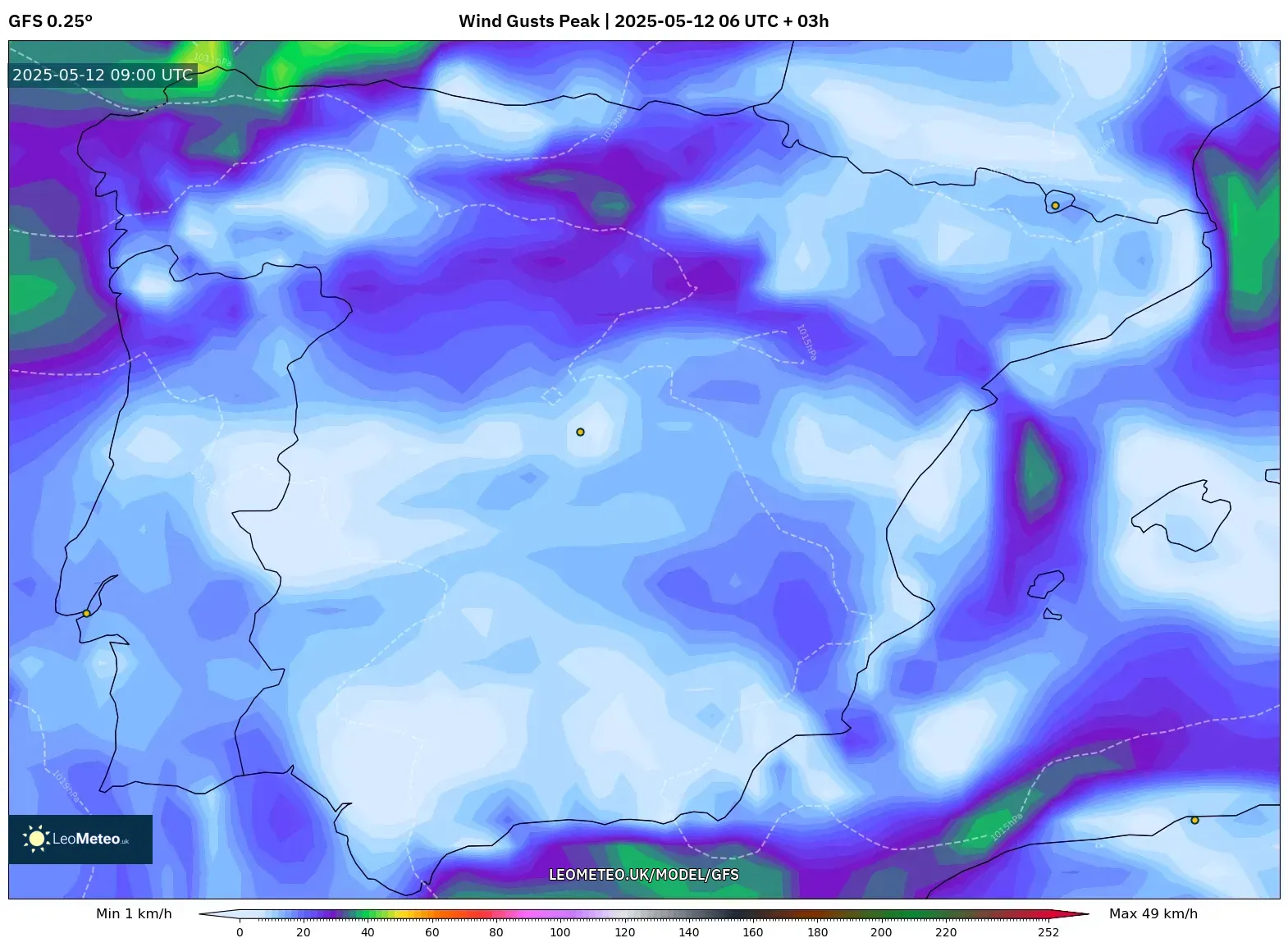 GFS - Spain, Wind Gusts Peak GFS - Spain, Wind Gusts Peak