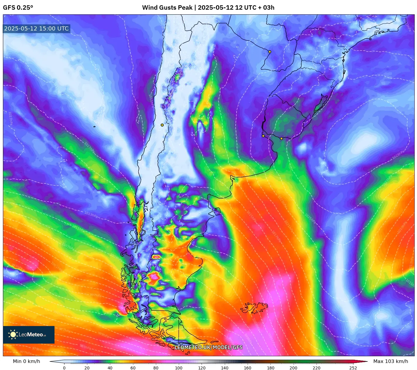 GFS - Argentina, Wind Gusts Peak GFS - Argentina, Wind Gusts Peak