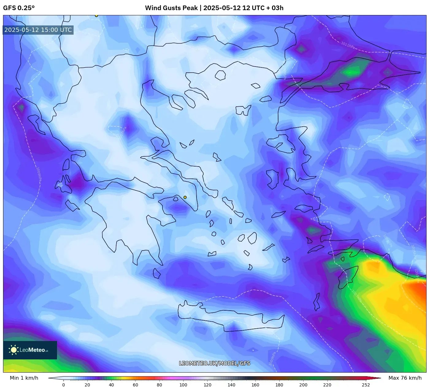 GFS - Greece, Wind Gusts Peak GFS - Greece, Wind Gusts Peak
