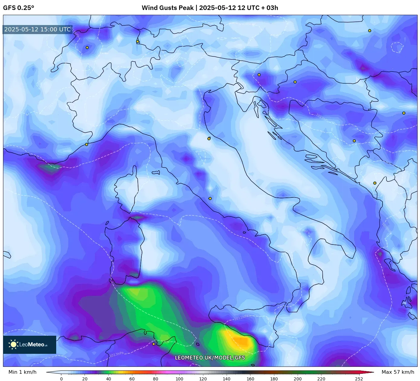 GFS - Italy, Wind Gusts Peak GFS - Italy, Wind Gusts Peak