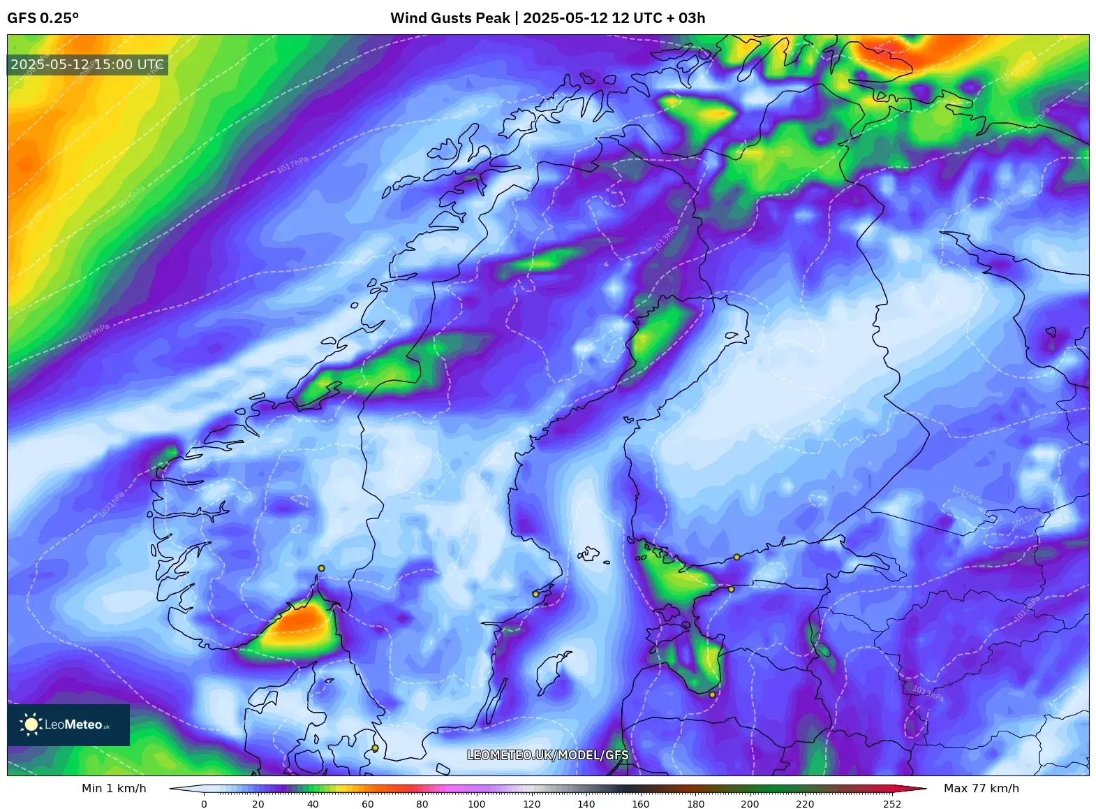 GFS - Scandinavia, Wind Gusts Peak GFS - Scandinavia, Wind Gusts Peak