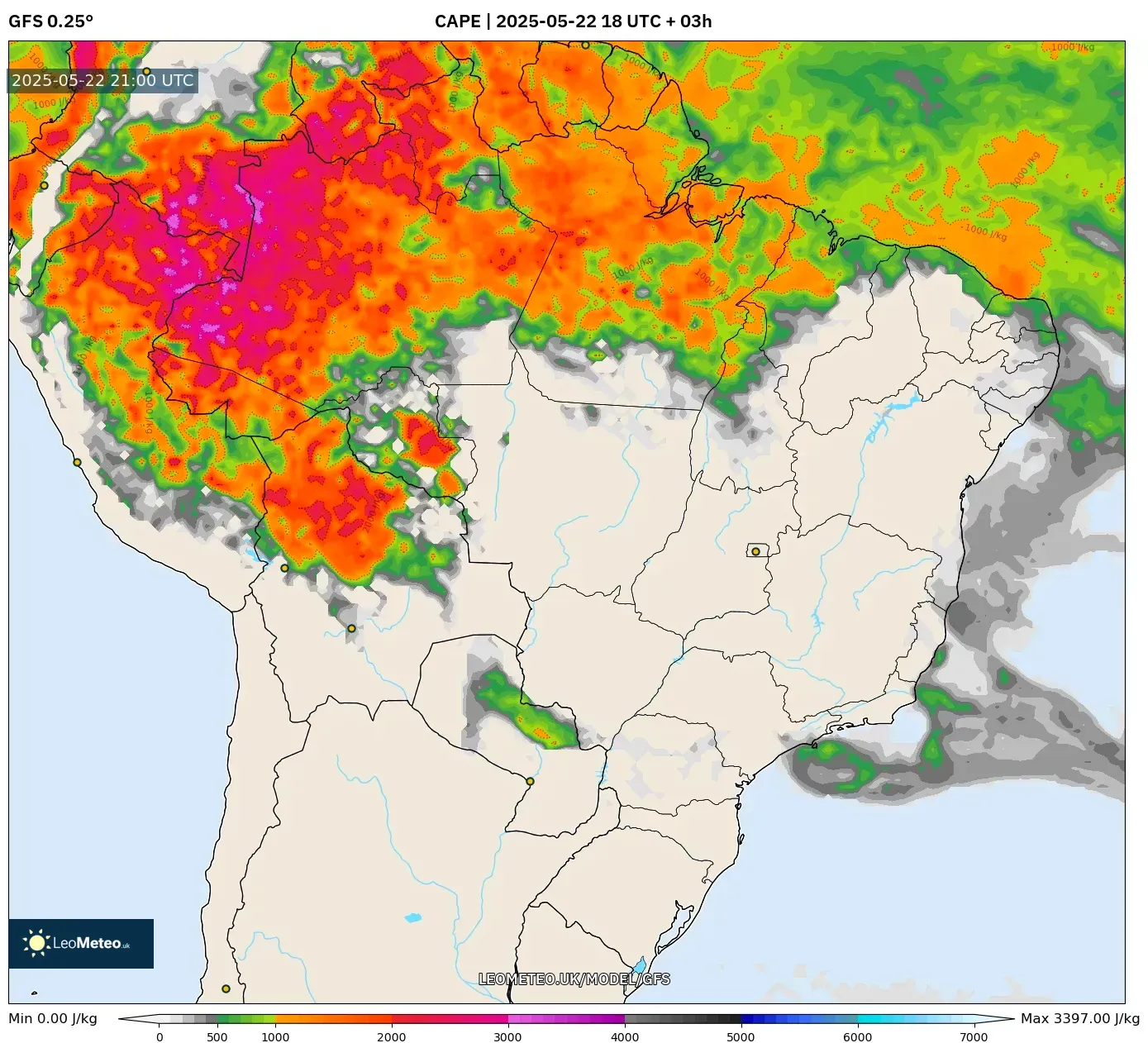 GFS model - Brazil, CAPE GFS model - Brazil, CAPE