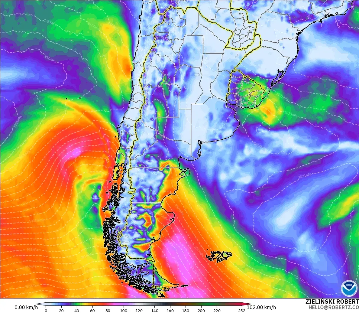 GFS model - Argentina, Wind Gusts