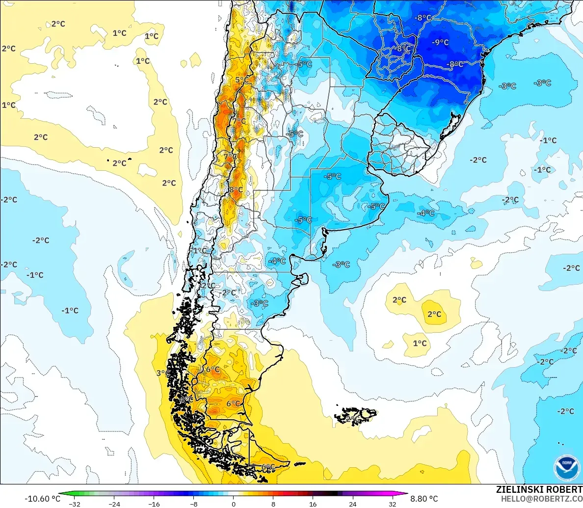 GFS model - Argentina, Temperature at 2m Anomaly