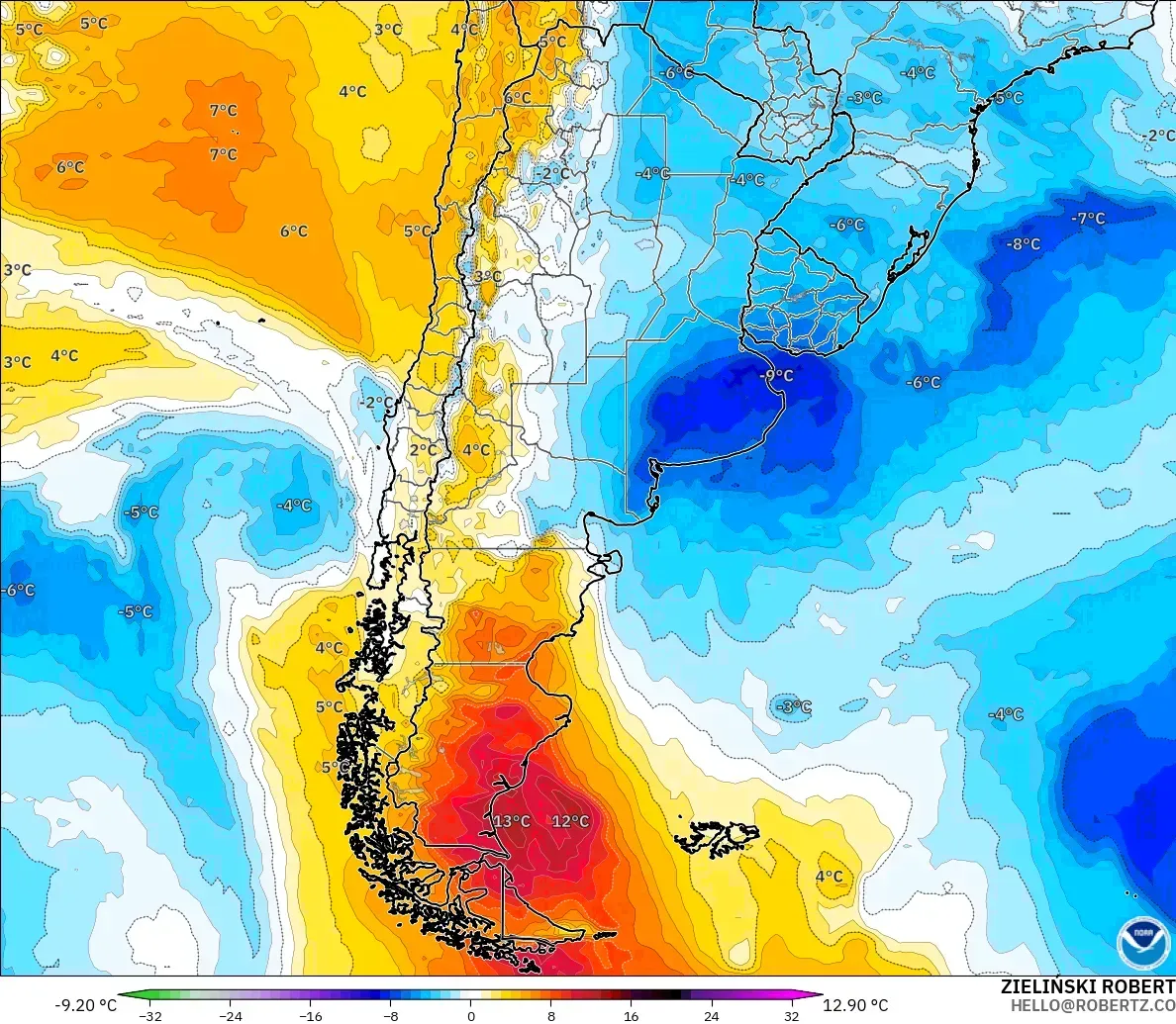 GFS model - Argentina, Temperature at 850hPa Anomaly